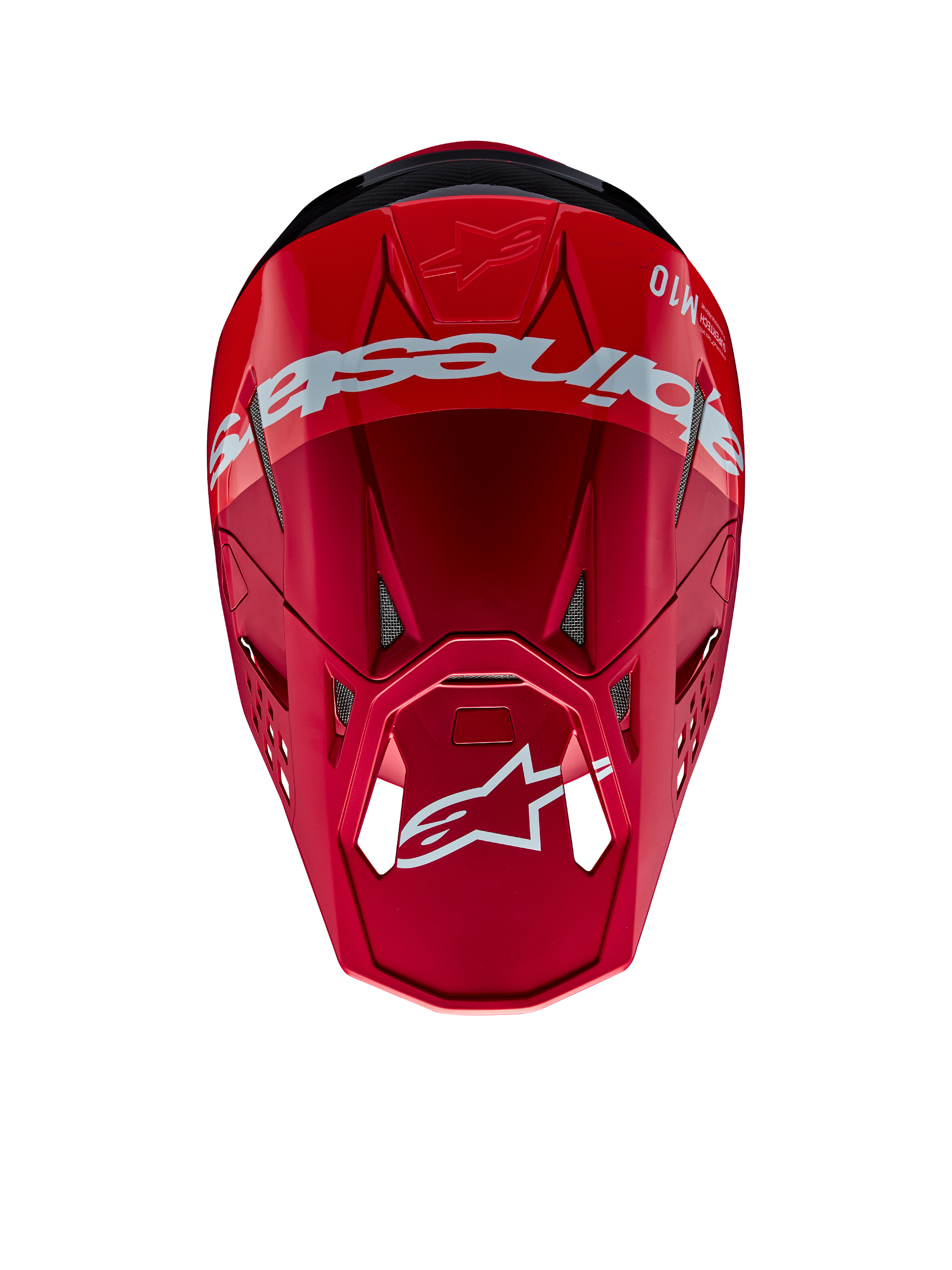 Casco Alpinestars Supertech M10 Flood, casco da motocross, rosso e rosso fluo con finitura opaca e lucida, prospettiva dall'alto con branding e logo Alpinestars in evidenza, calotta aerodinamica avanzata con prese d'aria integrate per gare fuoristrada