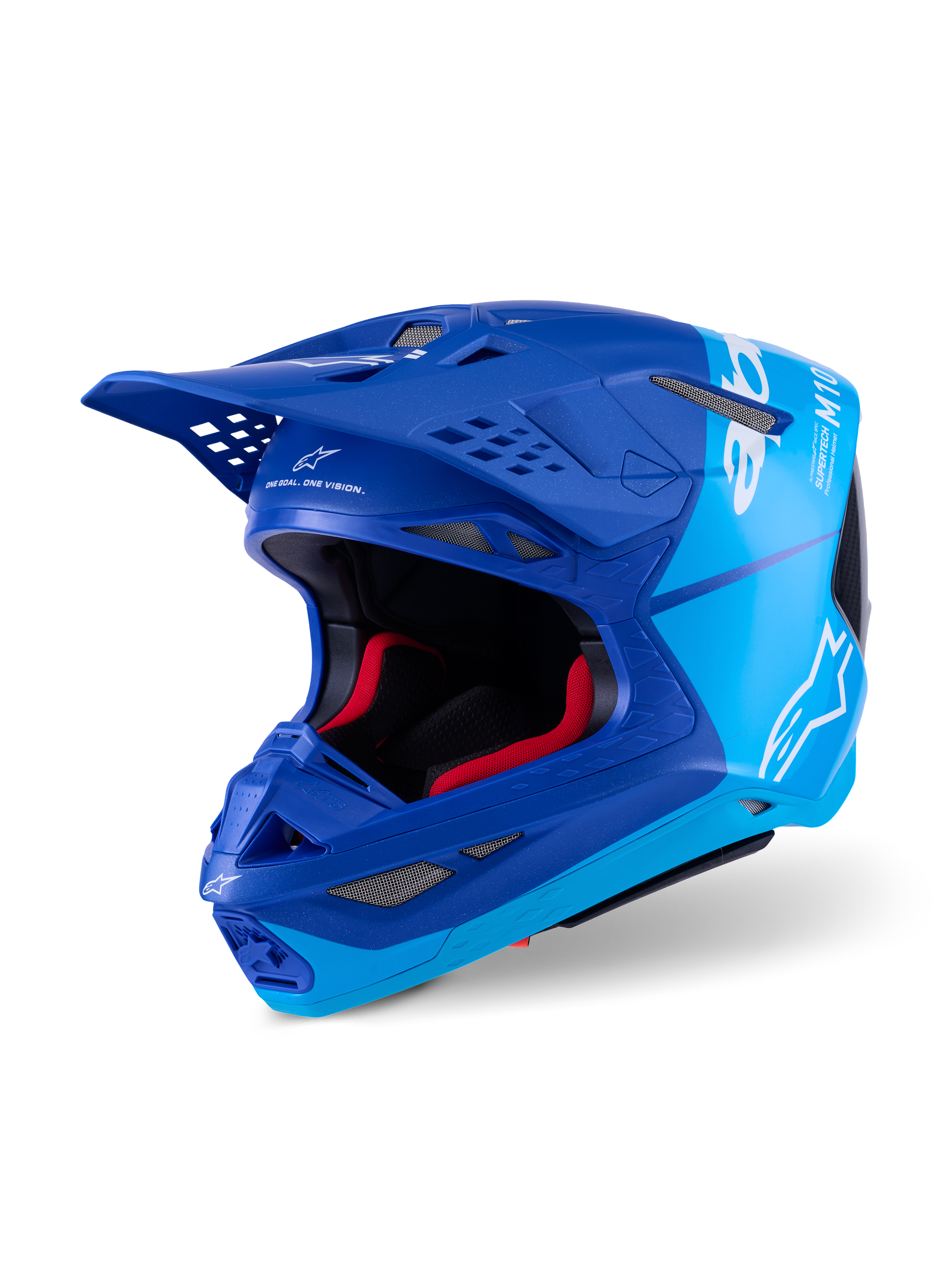 Casco Alpinestars Supertech M10 Flood, casco da motocross, blu metallizzato e blu medio con dettagli in fibra di carbonio nera, con loghi bianchi e marchio M10, molteplici prese d'aria e imbottitura interna rossa, progettato per prestazioni off-road professionali.