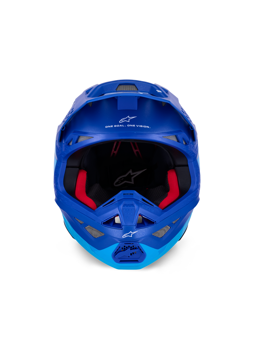 Alpinestars Supertech M10 Flood Helmet ECE, casco da motocross, blu metallizzato e blu medio con dettagli in carbonio nero, vista frontale con mentoniera e apertura per maschera, loghi e scritte Alpinestars bianchi, imbottitura interna rossa, protezione professionale per fuoristrada