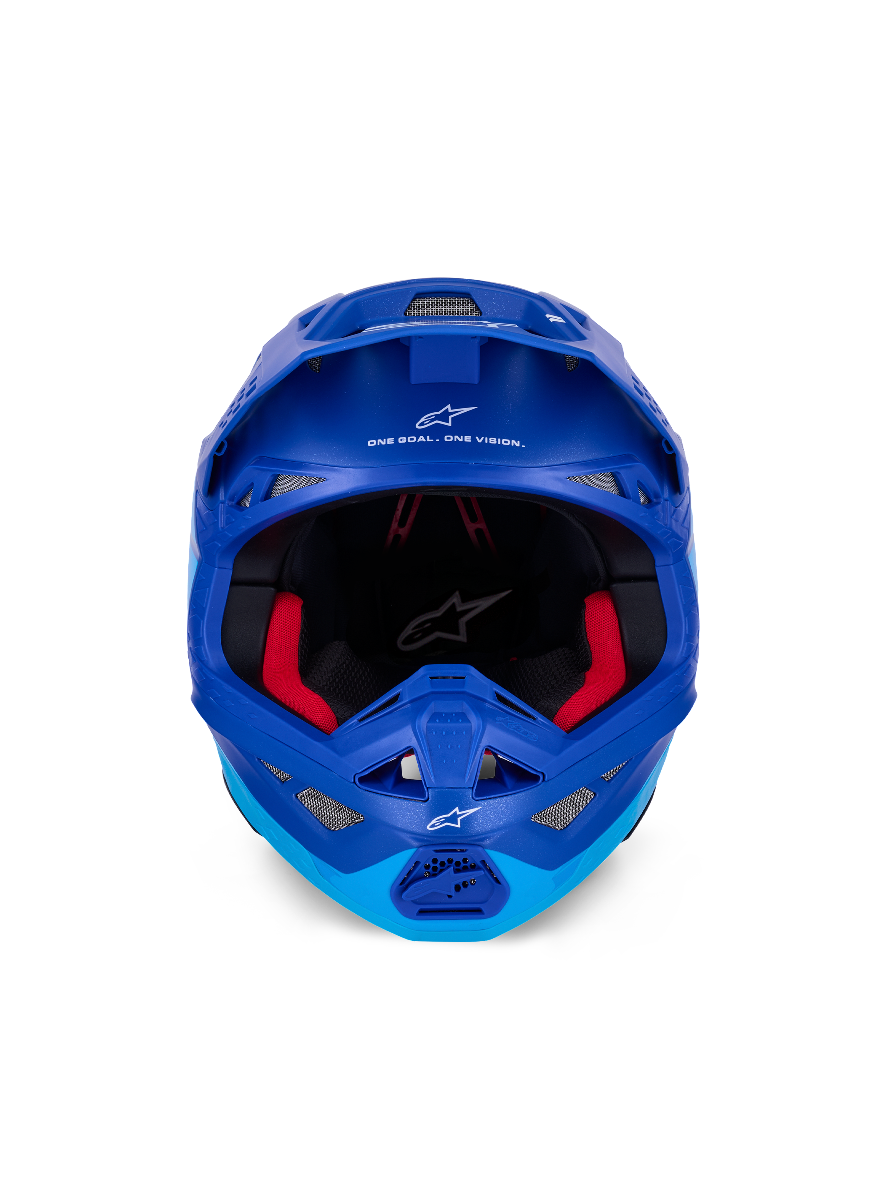 Alpinestars Supertech M10 Flood Helmet ECE, casco da motocross, blu metallizzato e blu medio con dettagli in carbonio nero, vista frontale con mentoniera e apertura per maschera, loghi e scritte Alpinestars bianchi, imbottitura interna rossa, protezione professionale per fuoristrada