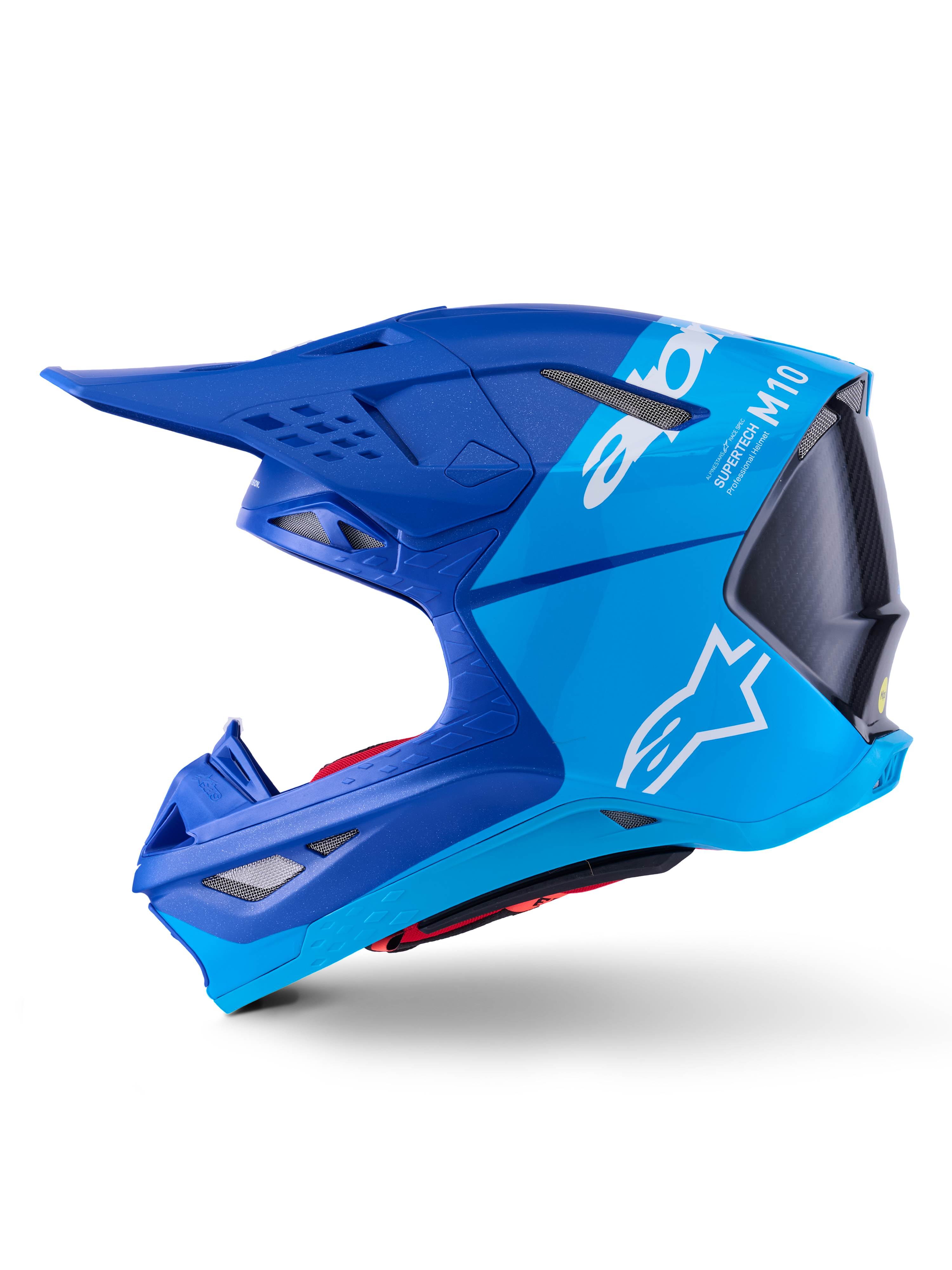 Casco Alpinestars Supertech M10 Flood, casco da motocross, blu metallizzato e blu medio con carbonio nero, vista laterale di profilo che mostra finiture opache e lucide, logo Alpinestars bianco e branding Supertech M10, protezione avanzata per la testa per il fuoristrada