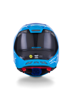 Alpinestars Supertech M10 Flood Helmet, casco da motocross, blu metallizzato e blu medio con fibra di carbonio nera, vista posteriore con trama in carbonio 3K, loghi a stella bianchi, adesivo MIPS e porte di ventilazione