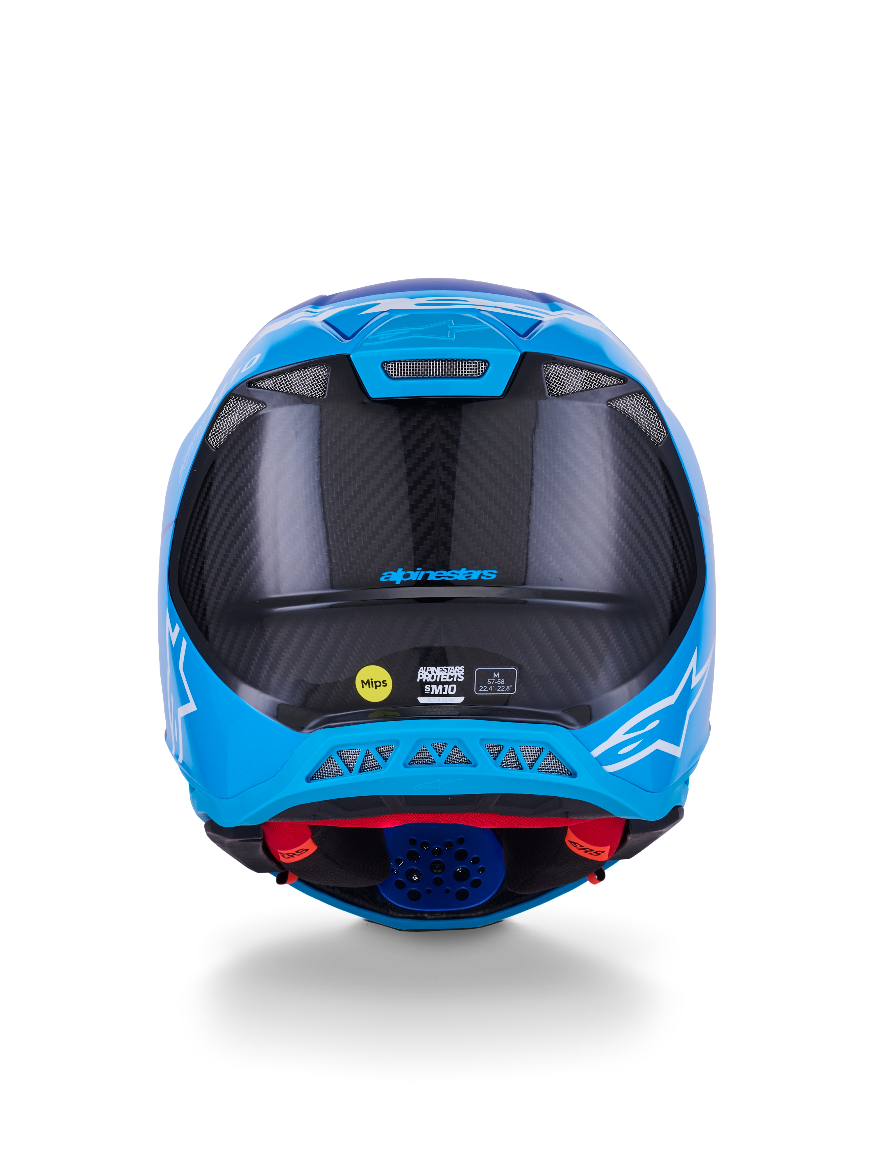 Alpinestars Supertech M10 Flood Helmet, casco da motocross, blu metallizzato e blu medio con fibra di carbonio nera, vista posteriore con trama in carbonio 3K, loghi a stella bianchi, adesivo MIPS e porte di ventilazione
