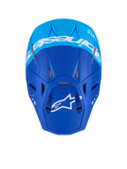 Alpinestars Supertech M10 Flood Helmet, casco da motocross, blu scuro e azzurro, vista dall'alto con logo Alpinestars bianco e prese d'aria, finitura opaca, casco professionale per competizioni fuoristrada