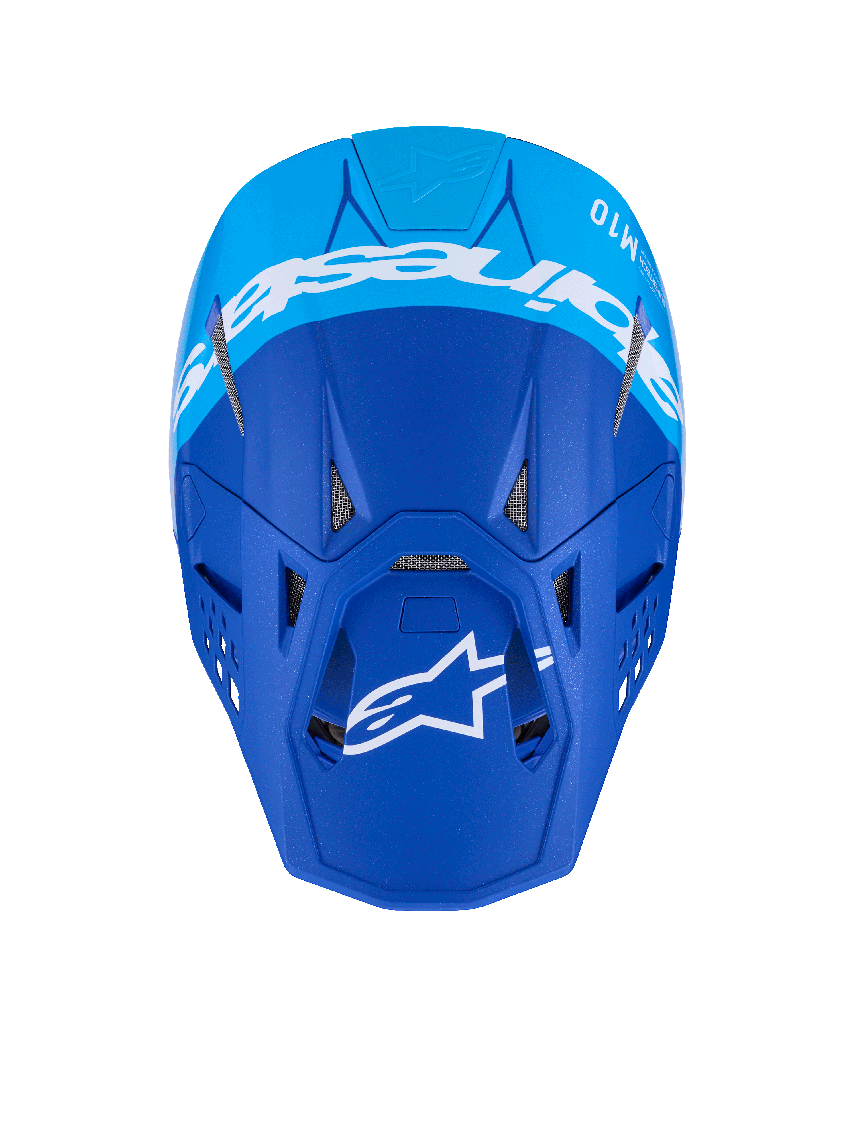 Alpinestars Supertech M10 Flood Helmet, casco da motocross, blu scuro e azzurro, vista dall'alto con logo Alpinestars bianco e prese d'aria, finitura opaca, casco professionale per competizioni fuoristrada