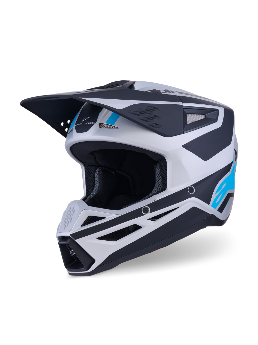 Casco Alpinestars S-M3 Heat, casco da motocross, argento, blu e nero opaco, con visiera aerodinamica, prese d'aria multiple e accenti grafici vivaci, equipaggiamento protettivo per fuoristrada