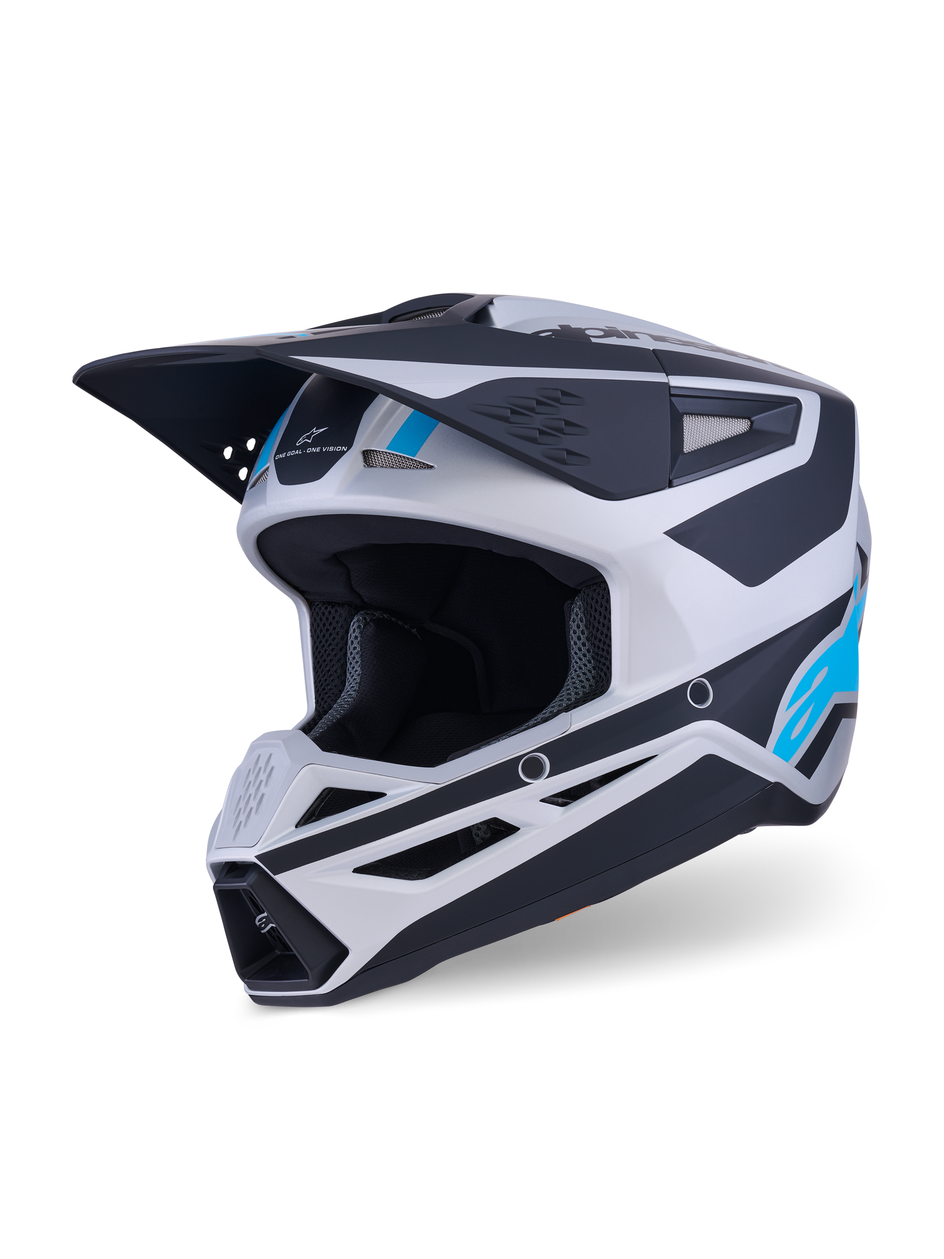 Casco Alpinestars S-M3 Heat, casco da motocross, argento, blu e nero opaco, con visiera aerodinamica, prese d'aria multiple e accenti grafici vivaci, equipaggiamento protettivo per fuoristrada