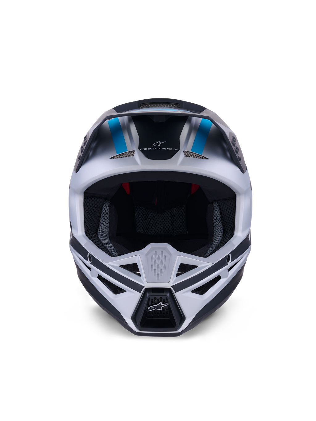 Alpinestars S-M3 Heat Helmet, casco da motocross, argento, blu e nero opaco, vista frontale che evidenzia il sistema di ventilazione, l'ampia apertura per la maschera e l'imbottitura interna in rete, con lo slogan 'ONE GOAL ONE VISION' sulla fronte