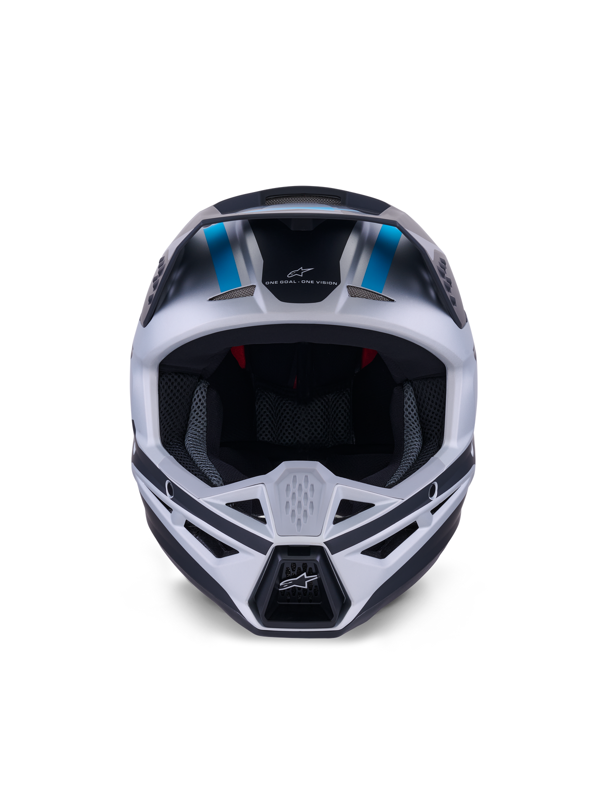 Alpinestars S-M3 Heat Helmet, casco da motocross, argento, blu e nero opaco, vista frontale che evidenzia il sistema di ventilazione, l'ampia apertura per la maschera e l'imbottitura interna in rete, con lo slogan 'ONE GOAL ONE VISION' sulla fronte