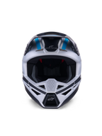 Alpinestars S-M3 Heat Helmet, casco da motocross, argento, blu e nero opaco, vista frontale che evidenzia il sistema di ventilazione, l'ampia apertura per la maschera e l'imbottitura interna in rete, con lo slogan 'ONE GOAL ONE VISION' sulla fronte