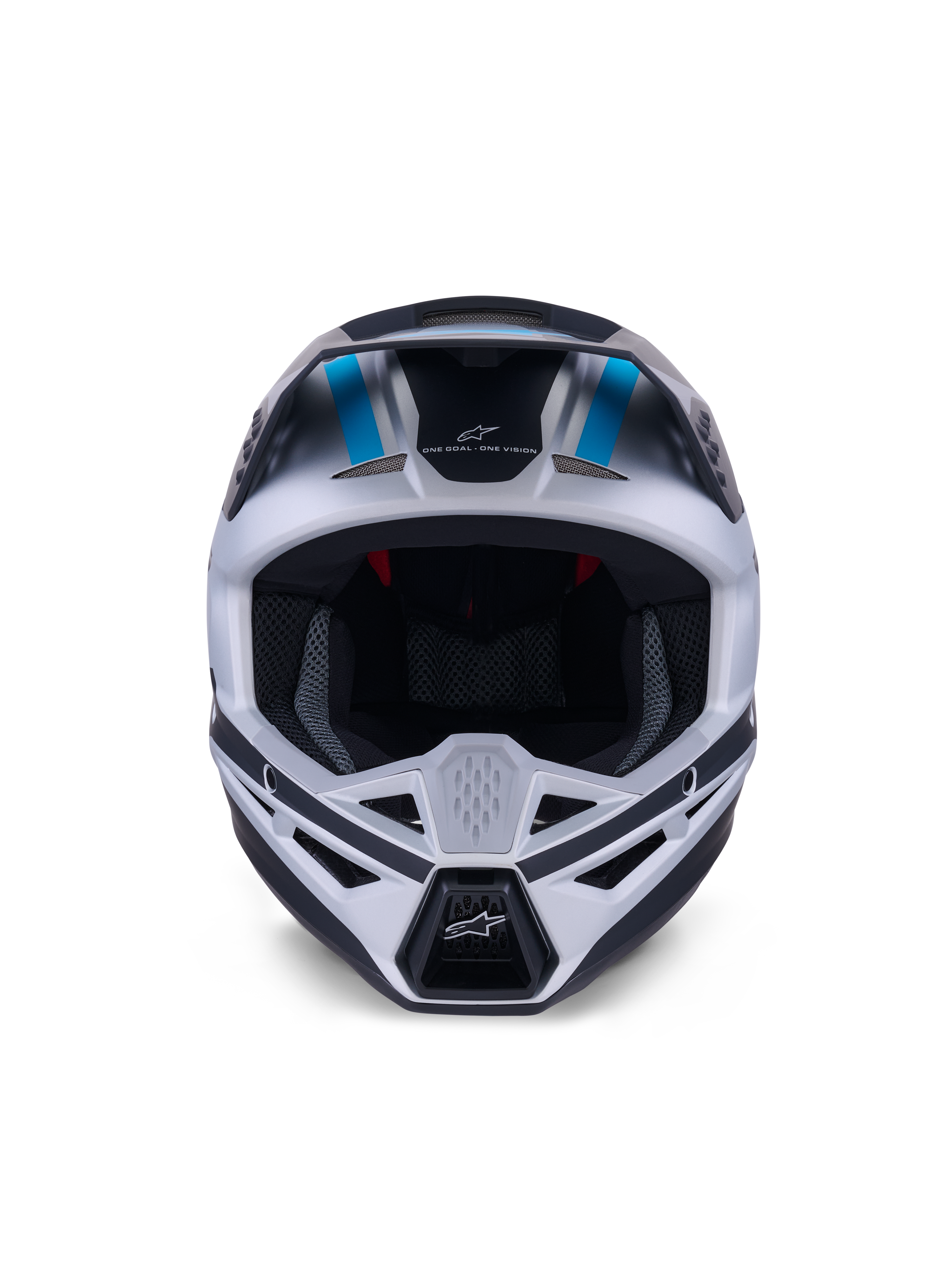 Alpinestars S-M3 Heat Helmet, casco da motocross, argento, blu e nero opaco, vista frontale che evidenzia il sistema di ventilazione, l'ampia apertura per la maschera e l'imbottitura interna in rete, con lo slogan 'ONE GOAL ONE VISION' sulla fronte