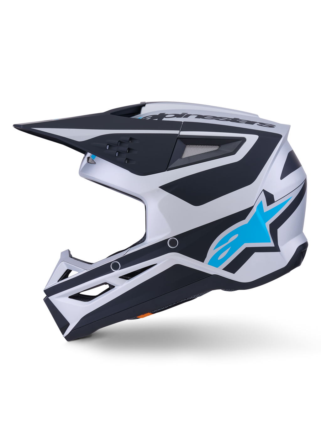Casco Alpinestars S-M3 Heat ECE 22.06, casco da motocross, finitura opaca argento, blu e nero, vista laterale, con logo a stella Alpinestars blu brillante, visiera nera e diverse porte di ventilazione, design aerodinamico per corse fuoristrada