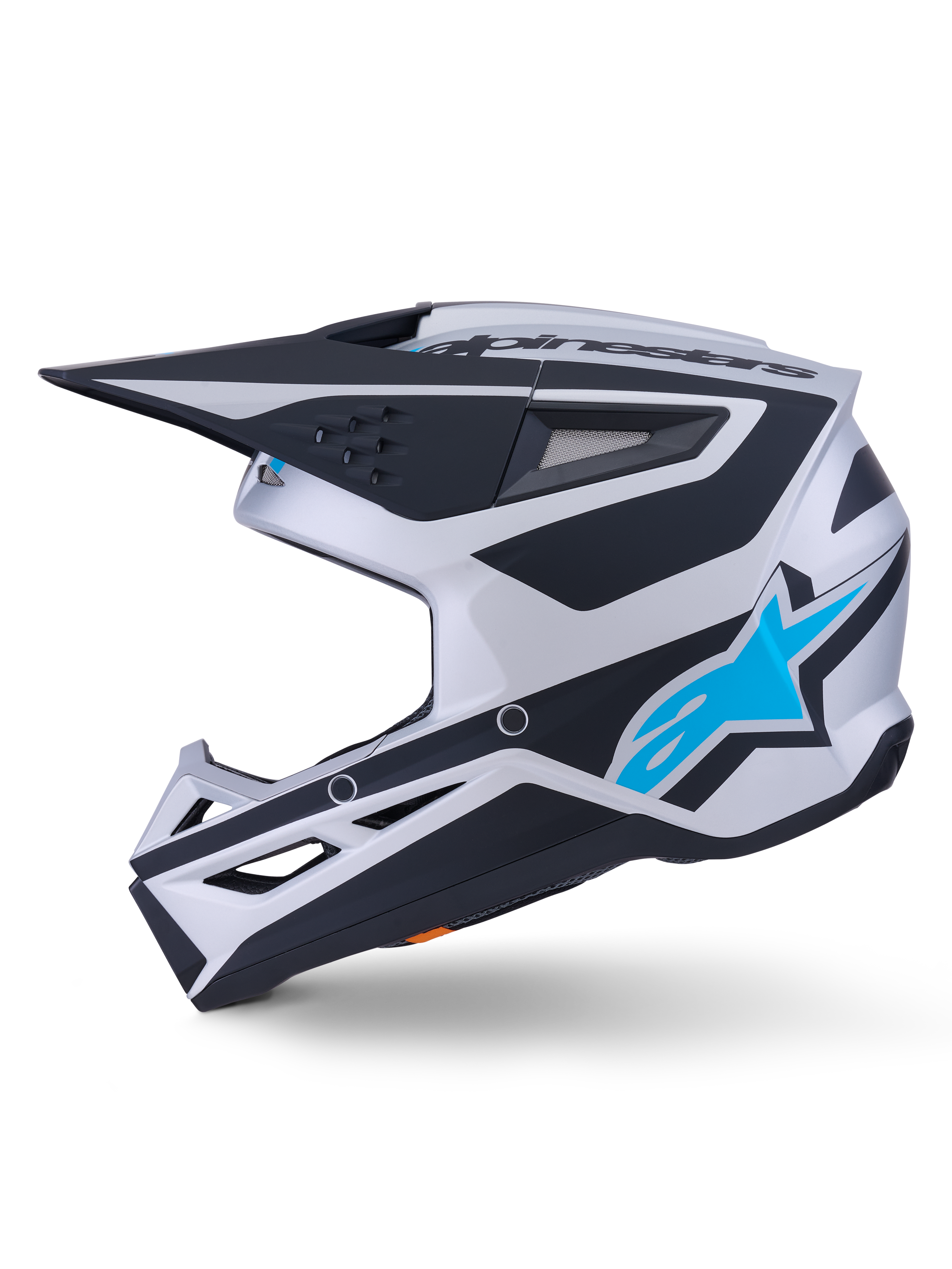 Casco Alpinestars S-M3 Heat ECE 22.06, casco da motocross, finitura opaca argento, blu e nero, vista laterale, con logo a stella Alpinestars blu brillante, visiera nera e diverse porte di ventilazione, design aerodinamico per corse fuoristrada