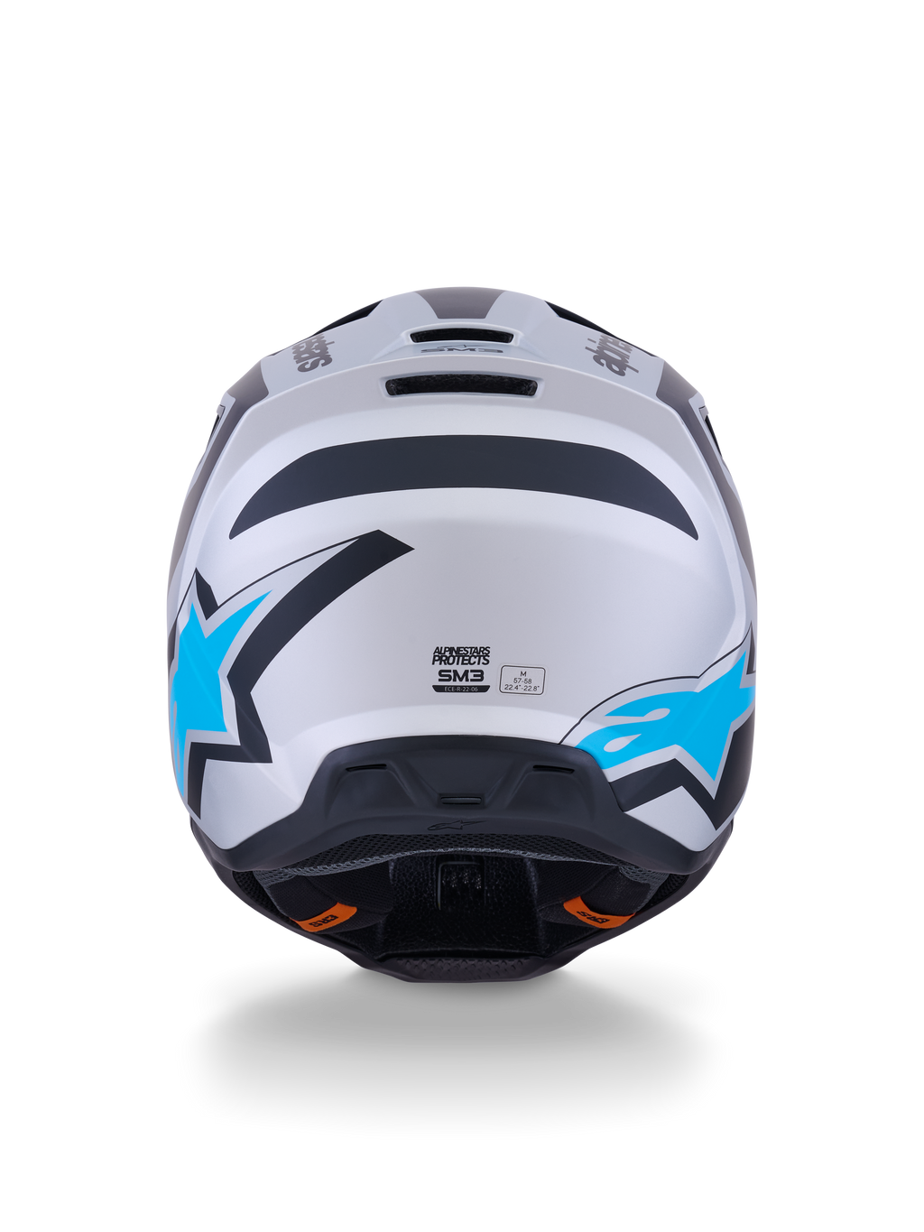 Alpinestars S-M3 Heat Helmet, casco da motocross, argento, blu e nero opaco, vista posteriore con loghi a stella blu brillante, finitura opaca e porte di ventilazione integrate