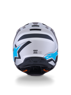Alpinestars S-M3 Heat Helmet, casco da motocross, argento, blu e nero opaco, vista posteriore con loghi a stella blu brillante, finitura opaca e porte di ventilazione integrate