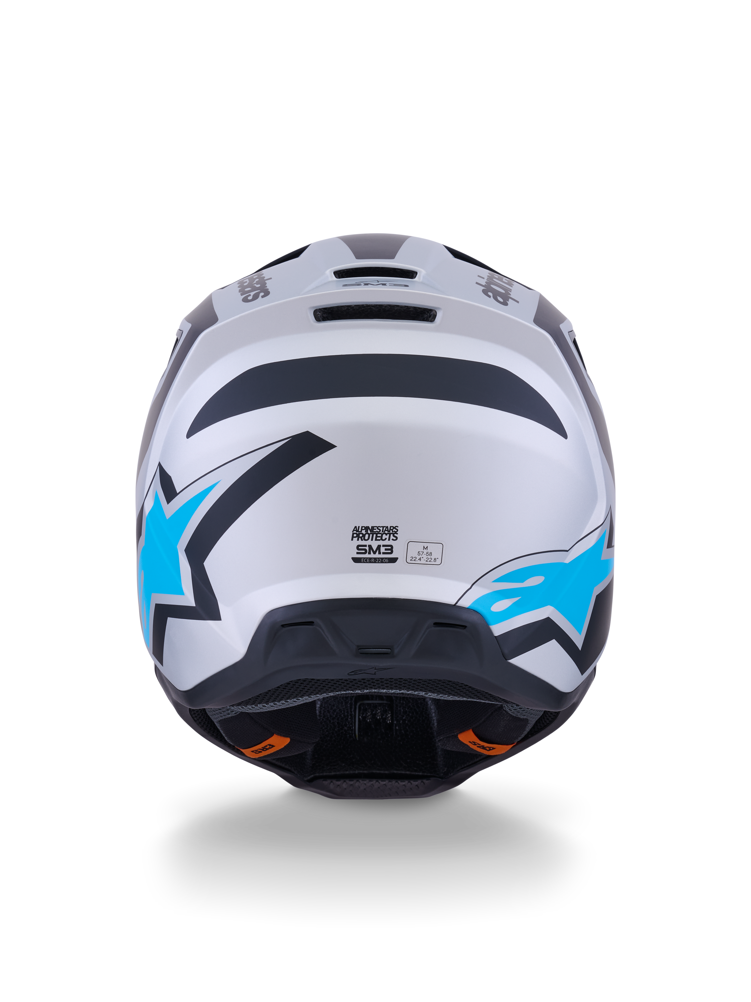 Alpinestars S-M3 Heat Helmet, casco da motocross, argento, blu e nero opaco, vista posteriore con loghi a stella blu brillante, finitura opaca e porte di ventilazione integrate