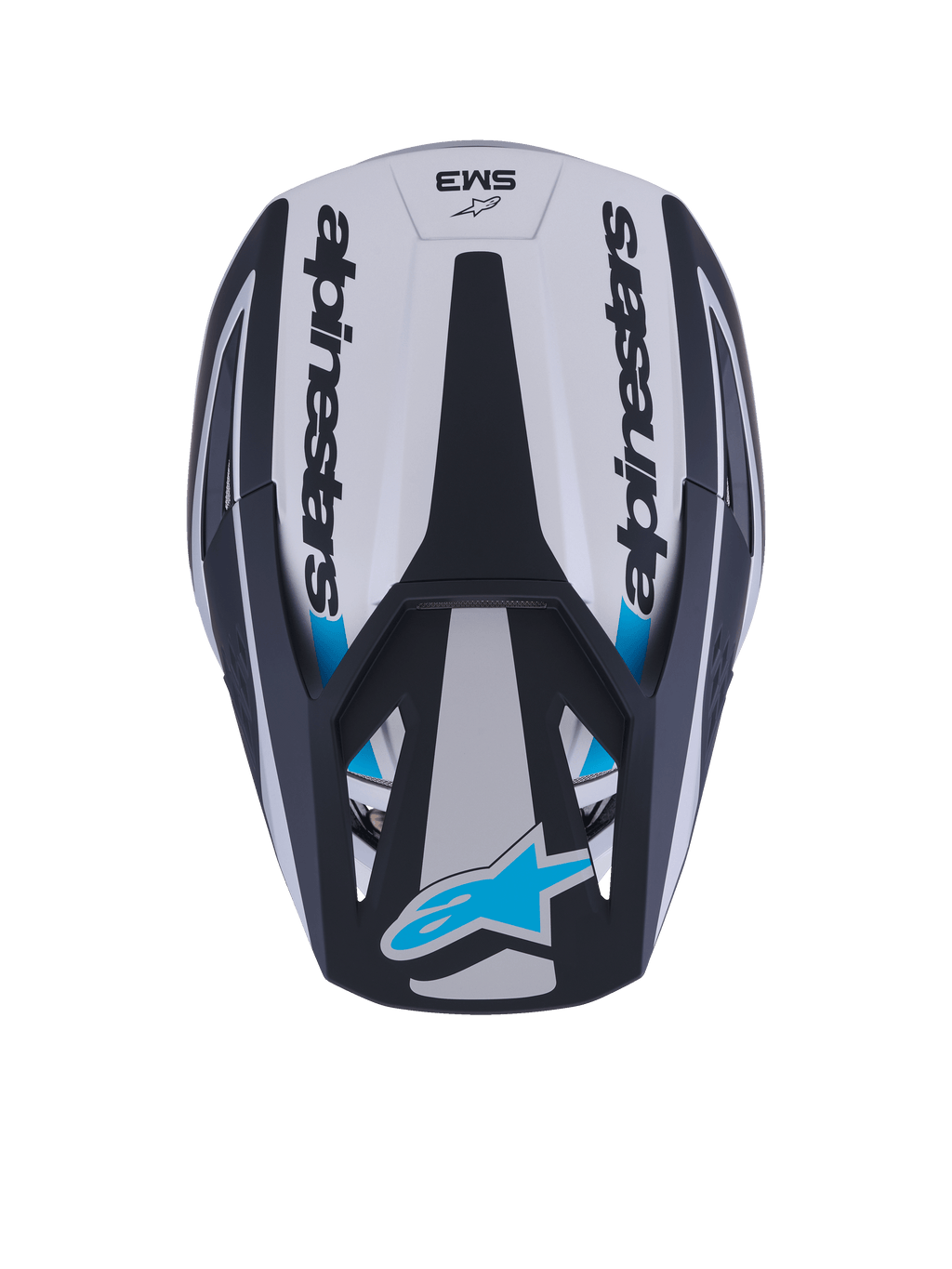 Casco Alpinestars S-M3 Heat, casco da motocross, vista dall'alto, argento, blu e nero opaco, con scritta Alpinestars sui lati, logo Astar blu sulla punta della visiera e design aerodinamico della calotta con finitura opaca
