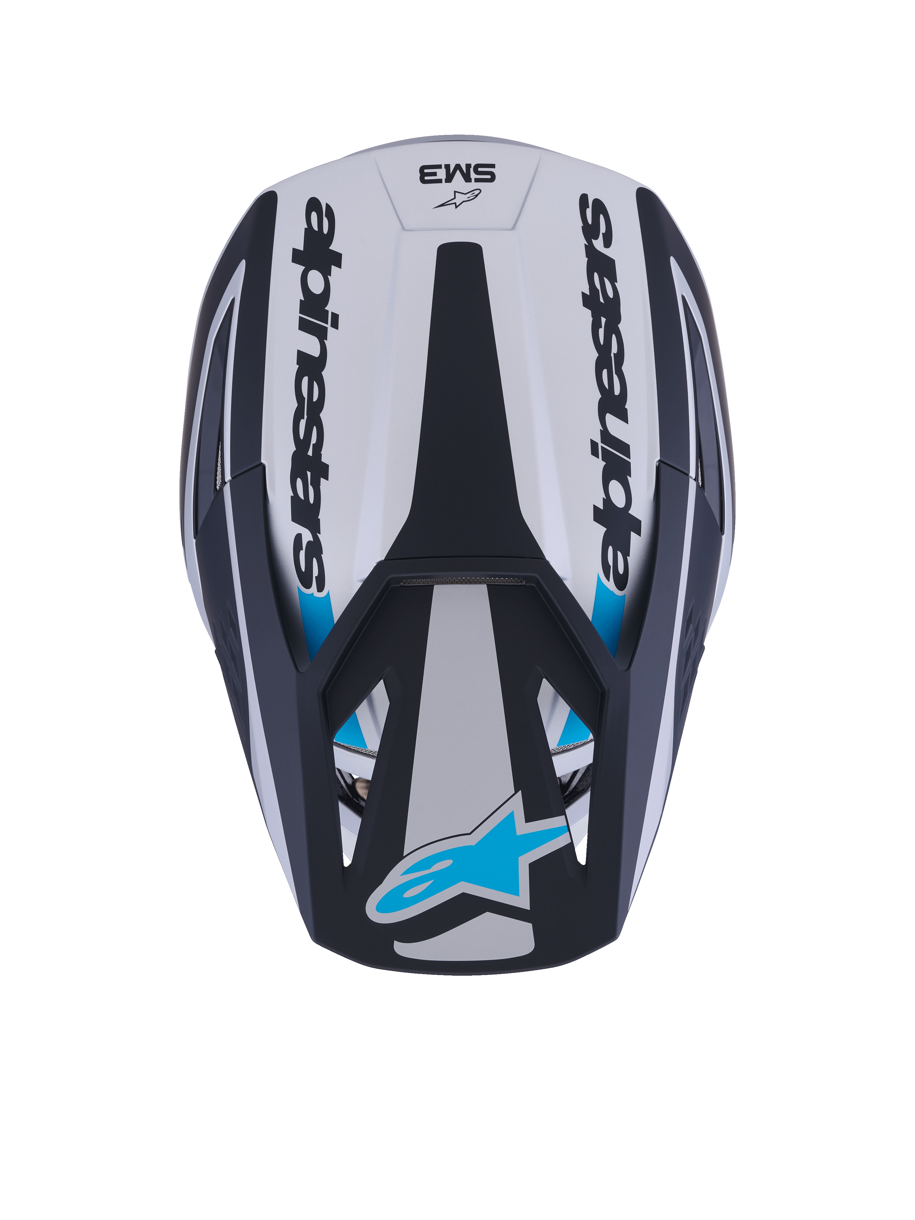 Casco Alpinestars S-M3 Heat, casco da motocross, vista dall'alto, argento, blu e nero opaco, con scritta Alpinestars sui lati, logo Astar blu sulla punta della visiera e design aerodinamico della calotta con finitura opaca