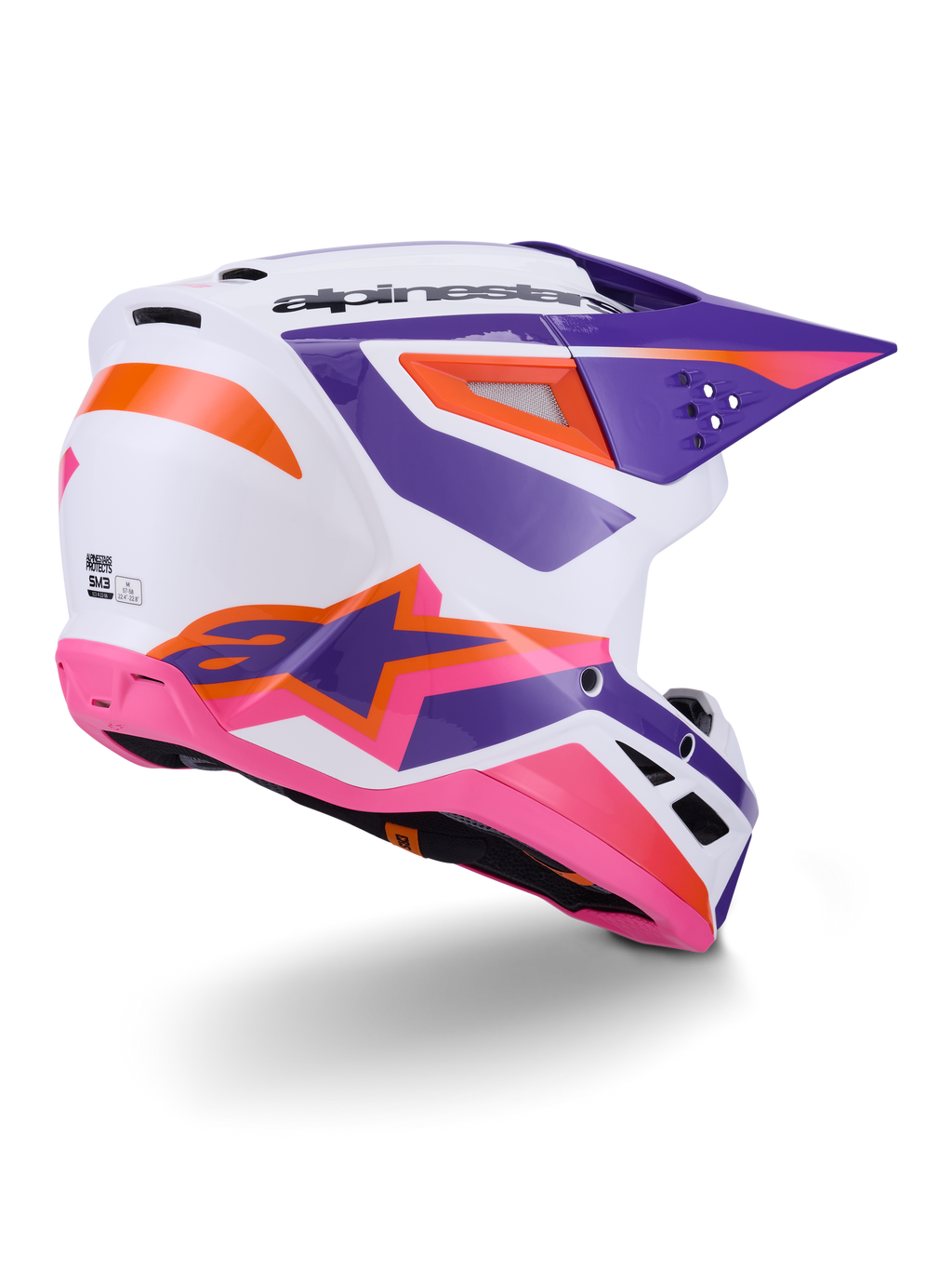 Alpinestars S-M3 Heat Helmet ECE 22.06, casco da motocross, bianco con accenti viola, rosa e arancione, vista laterale posteriore con prese d'aria e logo a stella, finitura lucida per prestazioni fuoristrada