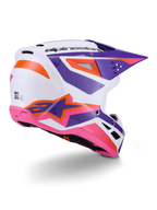 Alpinestars S-M3 Heat Helmet ECE 22.06, casco da motocross, bianco con accenti viola, rosa e arancione, vista laterale posteriore con prese d'aria e logo a stella, finitura lucida per prestazioni fuoristrada