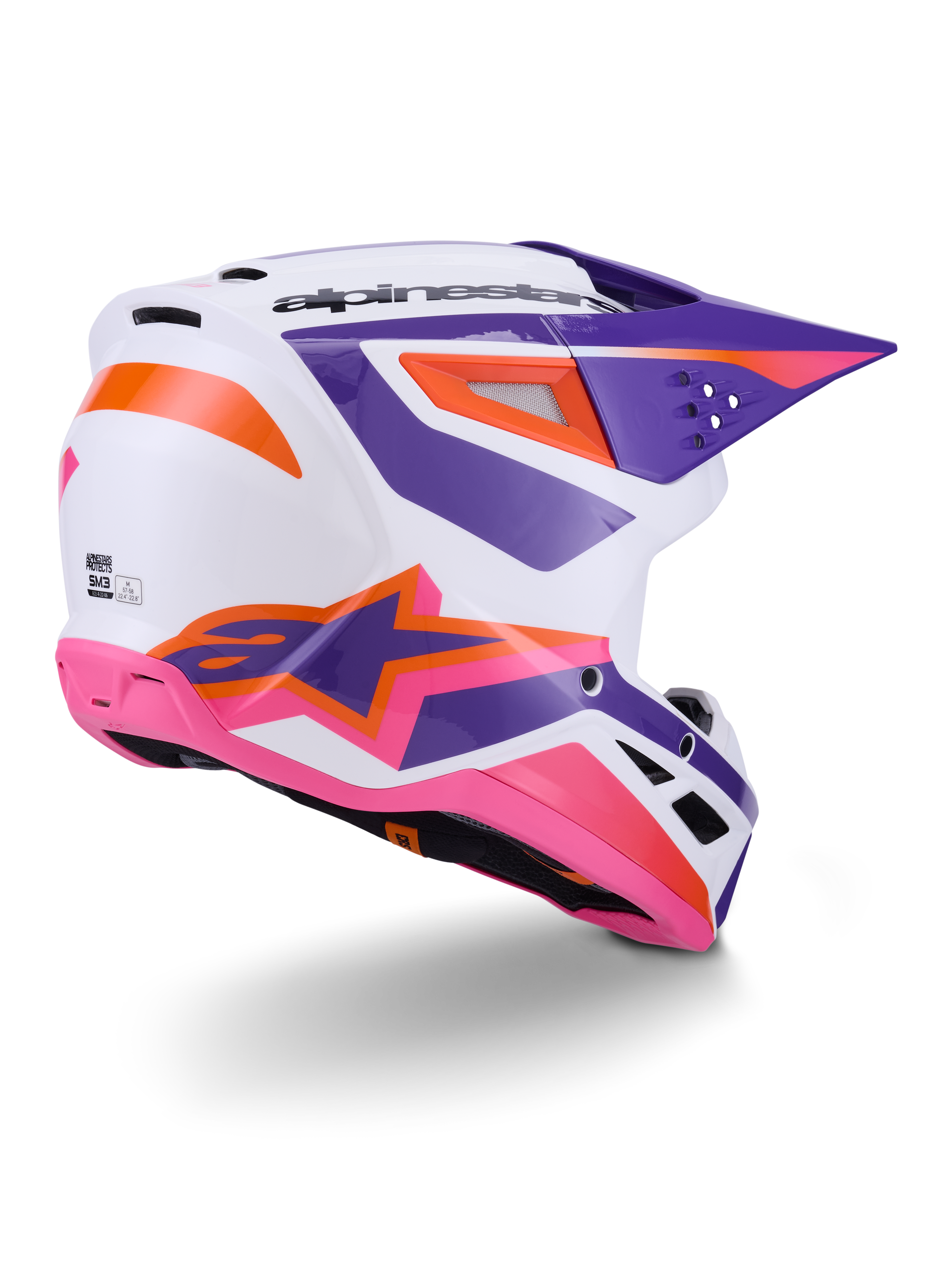 Alpinestars S-M3 Heat Helmet ECE 22.06, casco da motocross, bianco con accenti viola, rosa e arancione, vista laterale posteriore con prese d'aria e logo a stella, finitura lucida per prestazioni fuoristrada