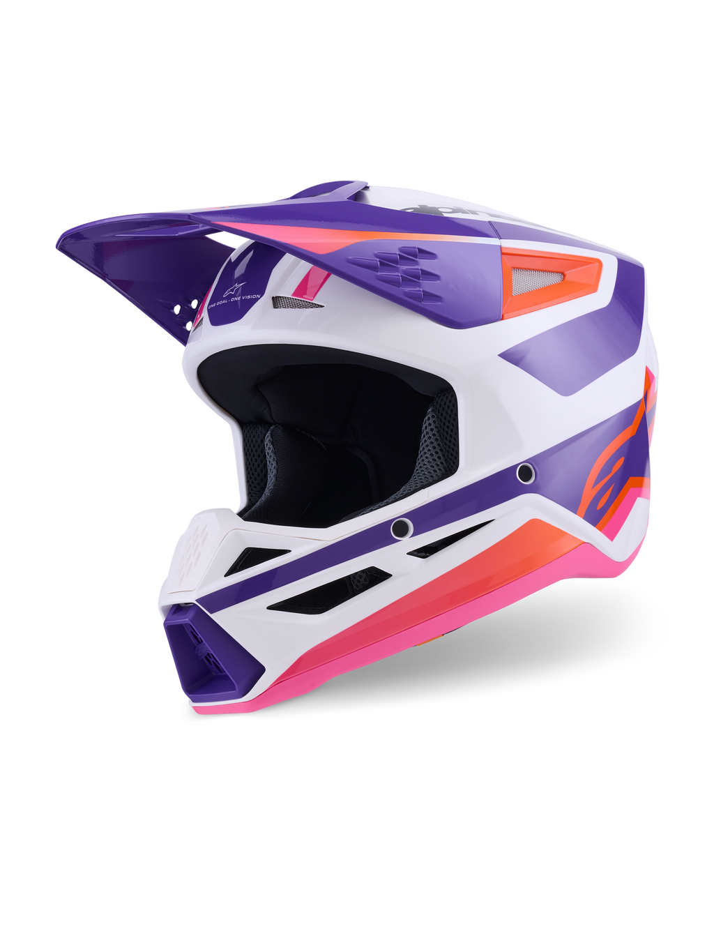 Alpinestars S-M3 Heat Helmet ECE 22.06, casco da motocross, bianco, viola e rosa lucido, vista frontale a tre quarti con grafiche geometriche audaci, mentoniera ventilata e frontino aerodinamico, protezione per corse fuoristrada
