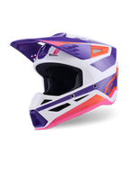 Alpinestars S-M3 Heat Helmet ECE 22.06, casco da motocross, bianco, viola e rosa lucido, vista frontale a tre quarti con grafiche geometriche audaci, mentoniera ventilata e frontino aerodinamico, protezione per corse fuoristrada