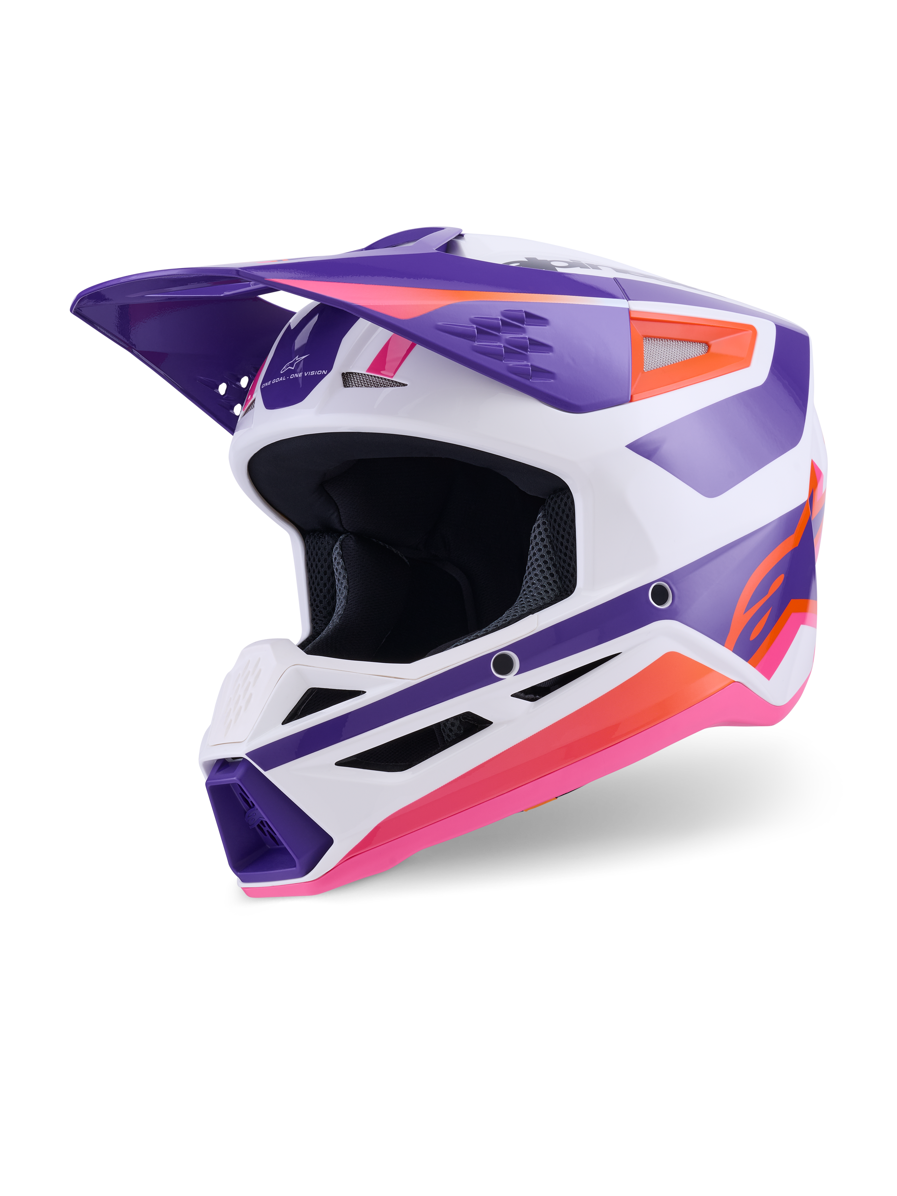 Alpinestars S-M3 Heat Helmet ECE 22.06, casco da motocross, bianco, viola e rosa lucido, vista frontale a tre quarti con grafiche geometriche audaci, mentoniera ventilata e frontino aerodinamico, protezione per corse fuoristrada