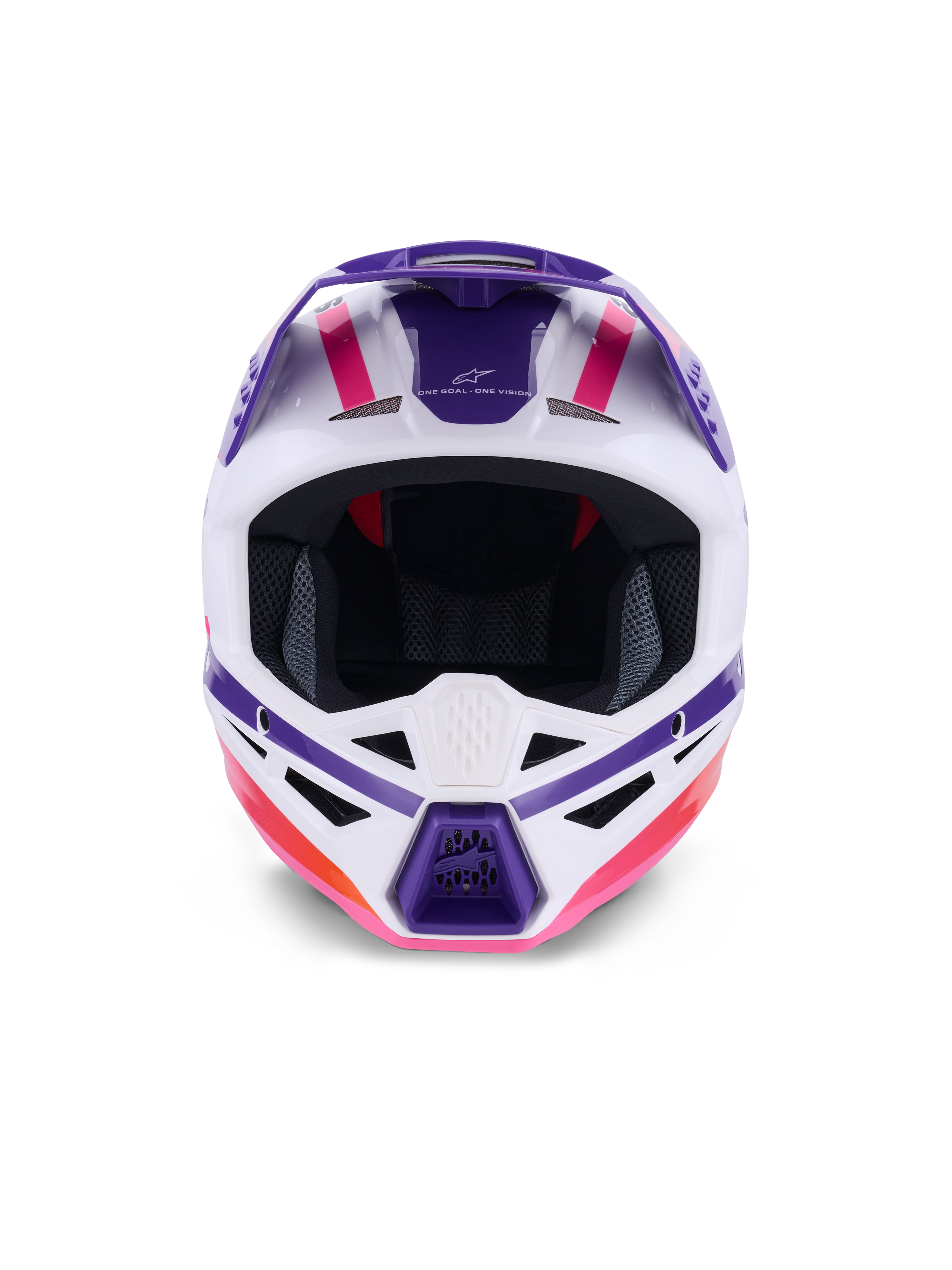 Alpinestars S-M3 Heat Helmet ECE 22.06, casco da motocross, bianco, viola e rosa lucido, vista frontale con prese d'aria e grafiche geometriche audaci, protezione professionale per la testa per competizioni fuoristrada