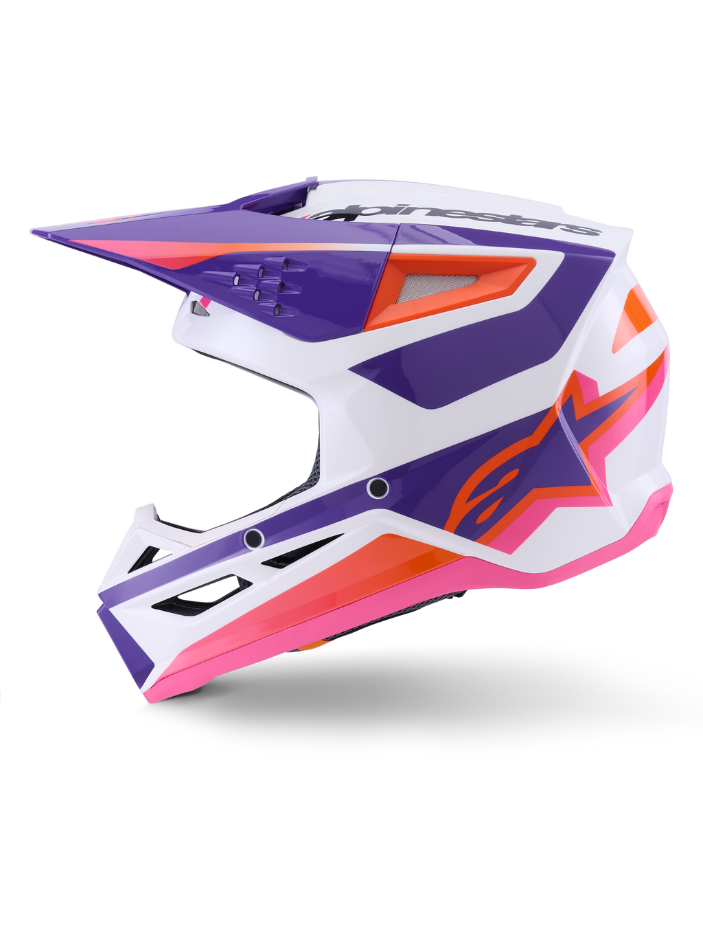 Casco Alpinestars S-M3 Heat ECE 22.06, casco da motocross, bianco, viola e rosa lucido con accenti arancioni, profilo laterale con design grafico angolare, prese d'aria e finitura lucida per il fuoristrada