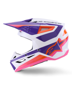 Casco Alpinestars S-M3 Heat ECE 22.06, casco da motocross, bianco, viola e rosa lucido con accenti arancioni, profilo laterale con design grafico angolare, prese d'aria e finitura lucida per il fuoristrada