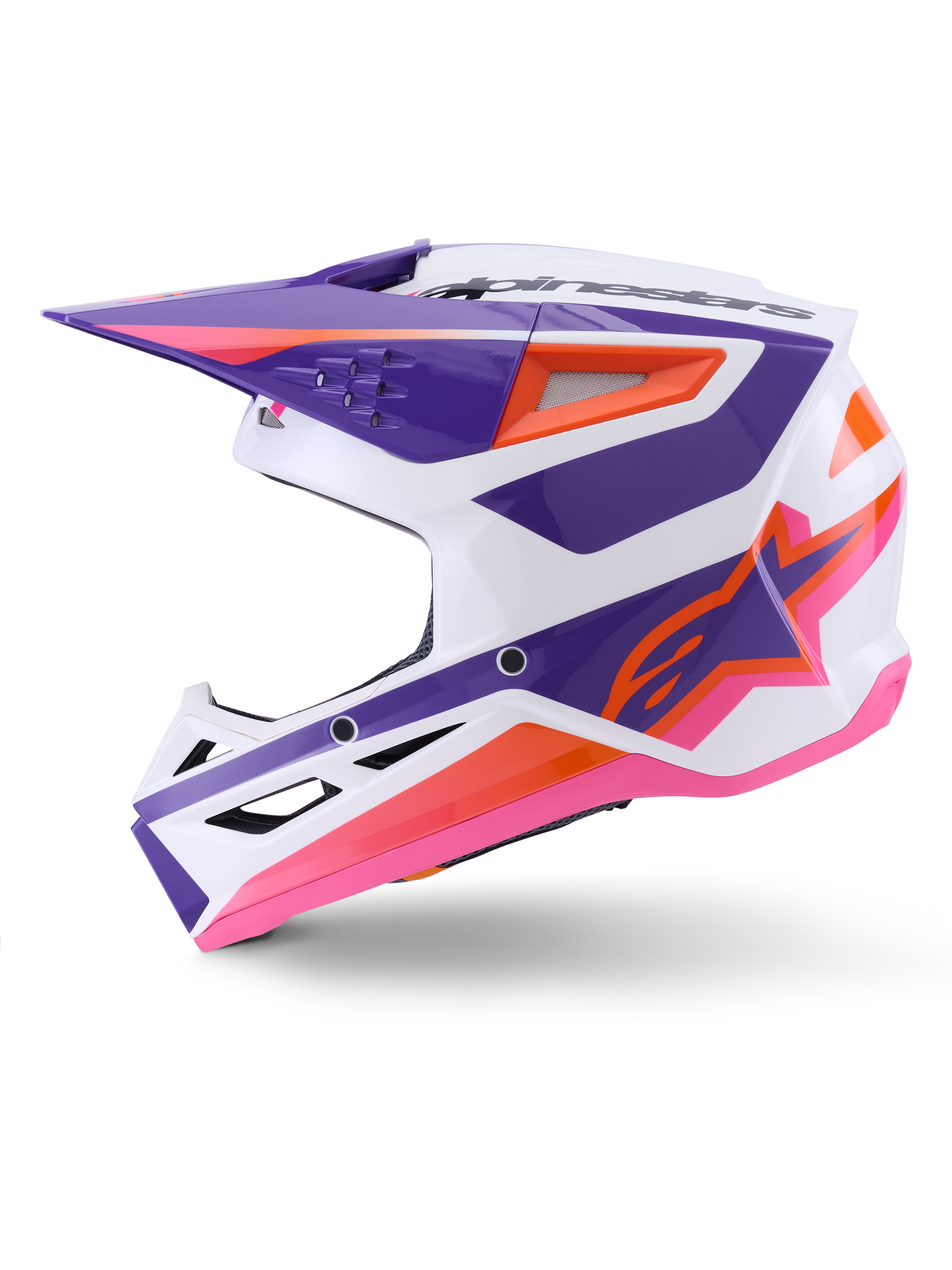 Casco Alpinestars S-M3 Heat ECE 22.06, casco da motocross, bianco, viola e rosa lucido con accenti arancioni, profilo laterale con design grafico angolare, prese d'aria e finitura lucida per il fuoristrada