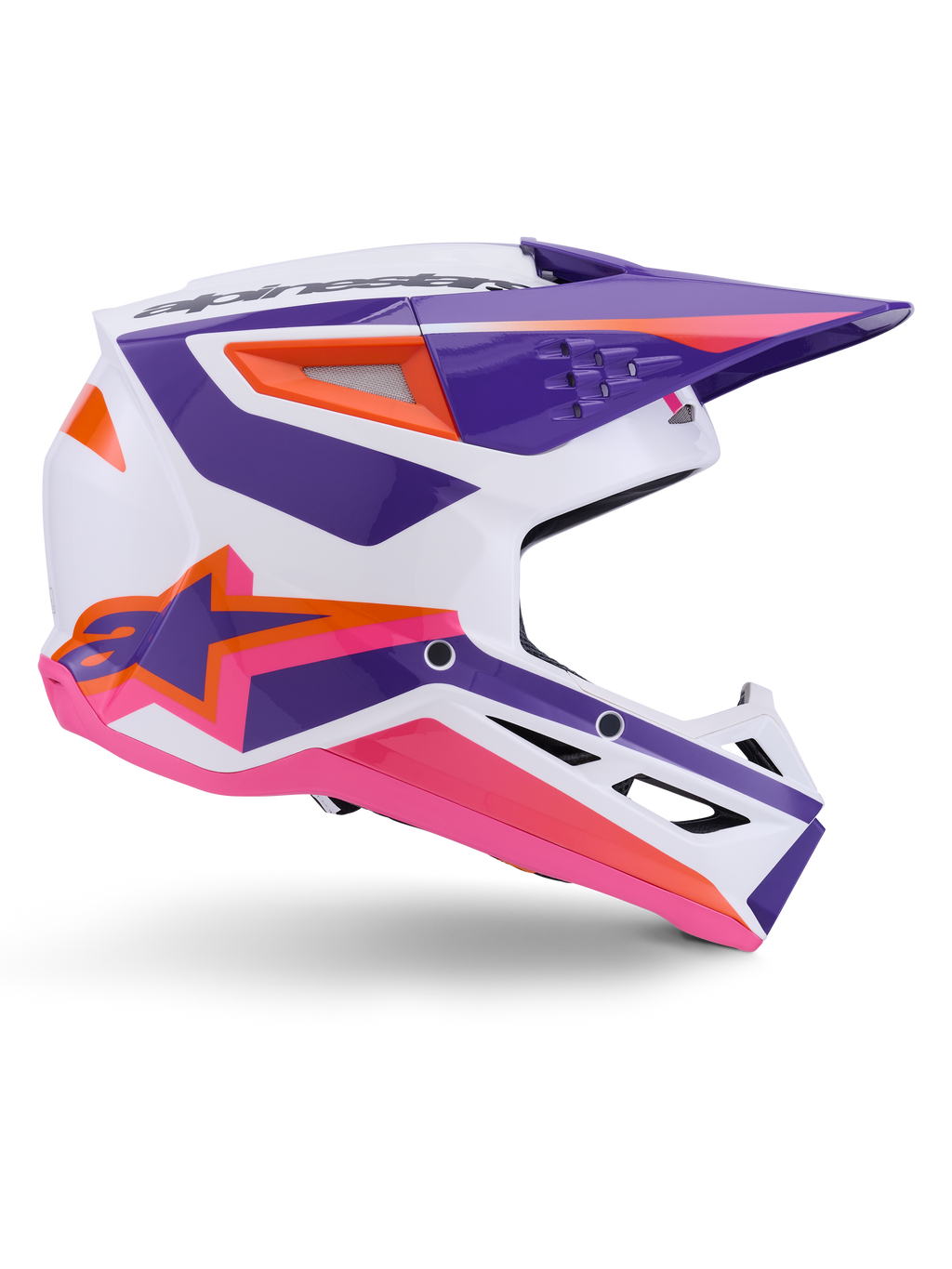 Alpinestars S-M3 Heat Helmet ECE 22.06, casco da motocross, bianco viola rosa lucido, con vivaci grafiche viola e rosa e accenti arancioni, vista laterale che mostra il logo Astar e il design ventilato per gare fuoristrada