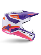 Alpinestars S-M3 Heat Helmet ECE 22.06, casco da motocross, bianco viola rosa lucido, con vivaci grafiche viola e rosa e accenti arancioni, vista laterale che mostra il logo Astar e il design ventilato per gare fuoristrada