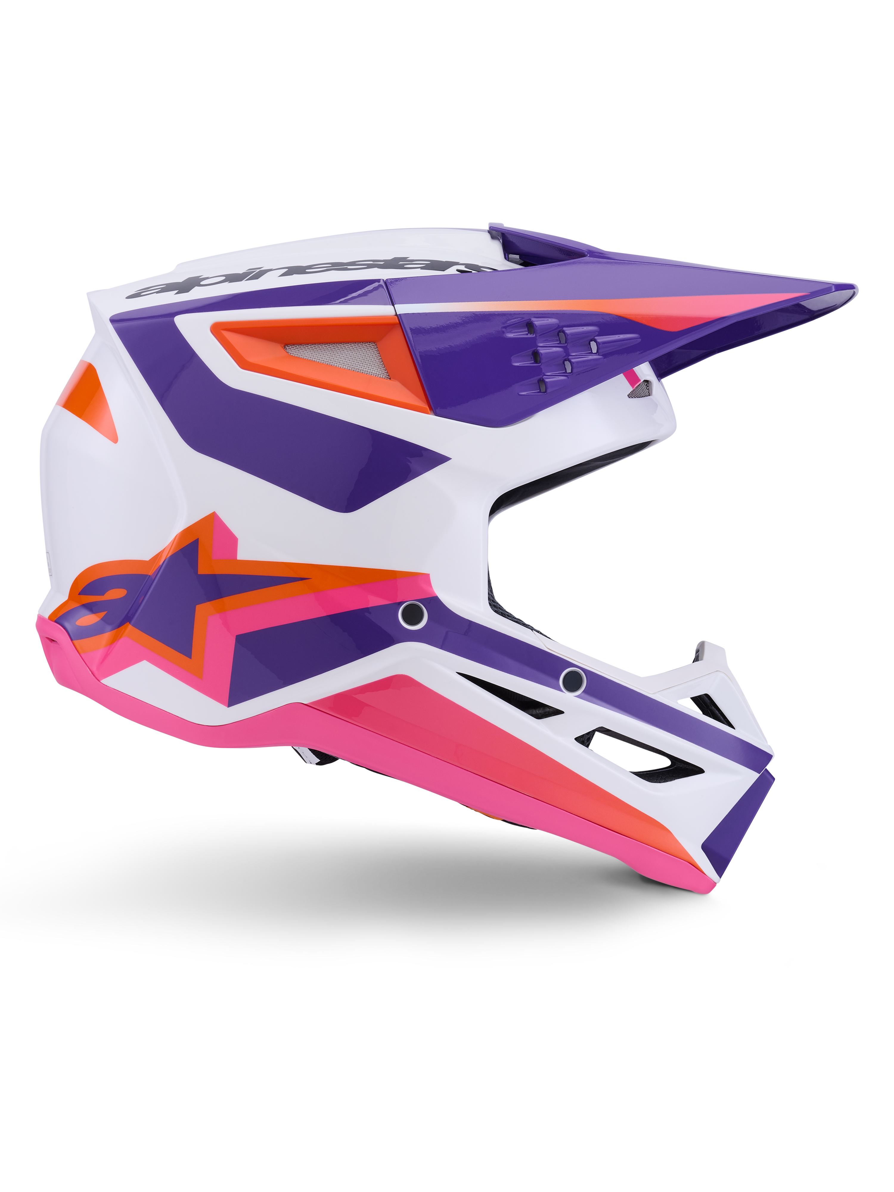 Alpinestars S-M3 Heat Helmet ECE 22.06, casco da motocross, bianco viola rosa lucido, con vivaci grafiche viola e rosa e accenti arancioni, vista laterale che mostra il logo Astar e il design ventilato per gare fuoristrada