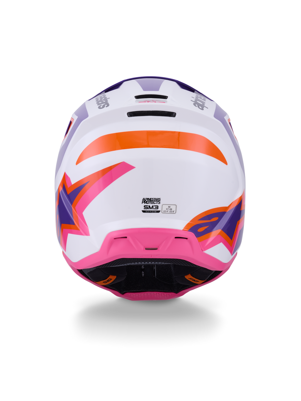 Alpinestars S-M3 Heat Helmet ECE 22.06, casco da motocross, vista posteriore in bianco, viola e rosa lucido con accenti arancioni, con grafiche a stella audaci, prese d'aria di scarico posteriori e design della calotta a iniezione termica per corse fuoristrada.