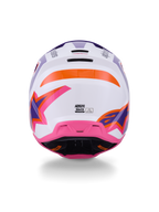 Alpinestars S-M3 Heat Helmet ECE 22.06, casco da motocross, vista posteriore in bianco, viola e rosa lucido con accenti arancioni, con grafiche a stella audaci, prese d'aria di scarico posteriori e design della calotta a iniezione termica per corse fuoristrada.
