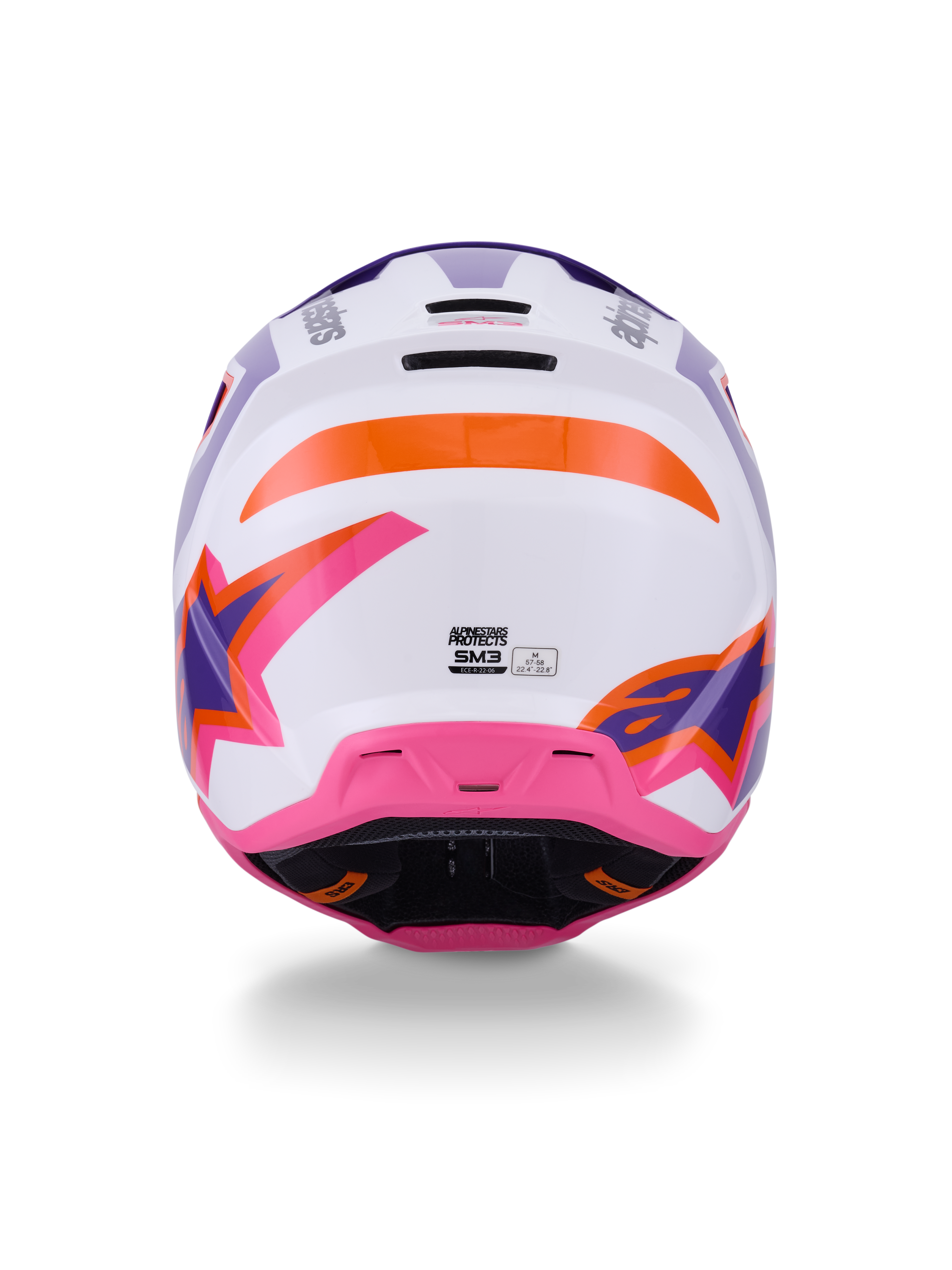 Alpinestars S-M3 Heat Helmet ECE 22.06, casco da motocross, vista posteriore in bianco, viola e rosa lucido con accenti arancioni, con grafiche a stella audaci, prese d'aria di scarico posteriori e design della calotta a iniezione termica per corse fuoristrada.