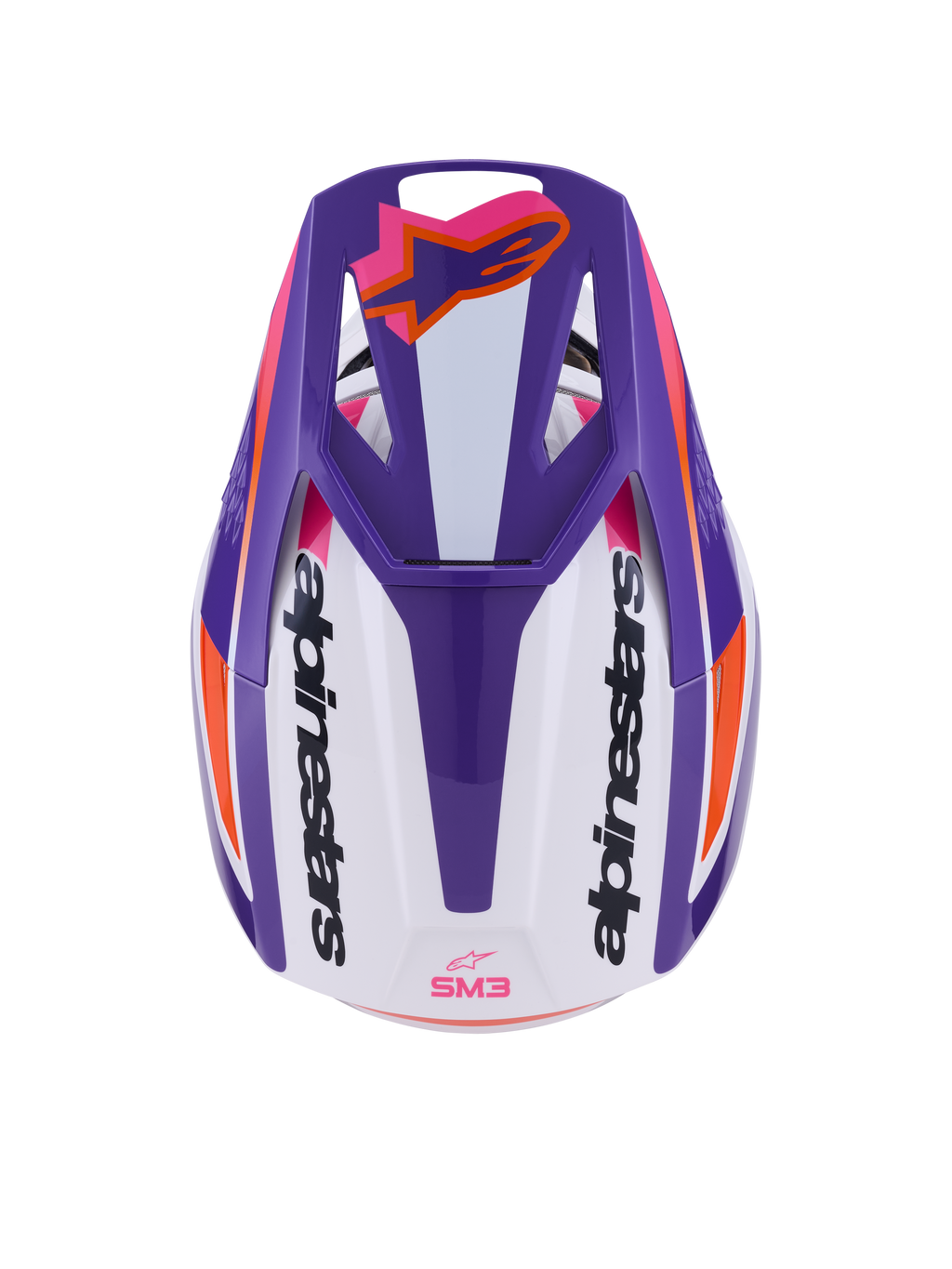 Casco Alpinestars S-M3 Heat ECE 22.06, casco da motocross, bianco, viola e rosa lucido, vista dall'alto che mostra il frontino ventilato con logo Astars arancione e branding laterale, finitura lucida con grafiche vivaci