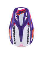 Casco Alpinestars S-M3 Heat ECE 22.06, casco da motocross, bianco, viola e rosa lucido, vista dall'alto che mostra il frontino ventilato con logo Astars arancione e branding laterale, finitura lucida con grafiche vivaci