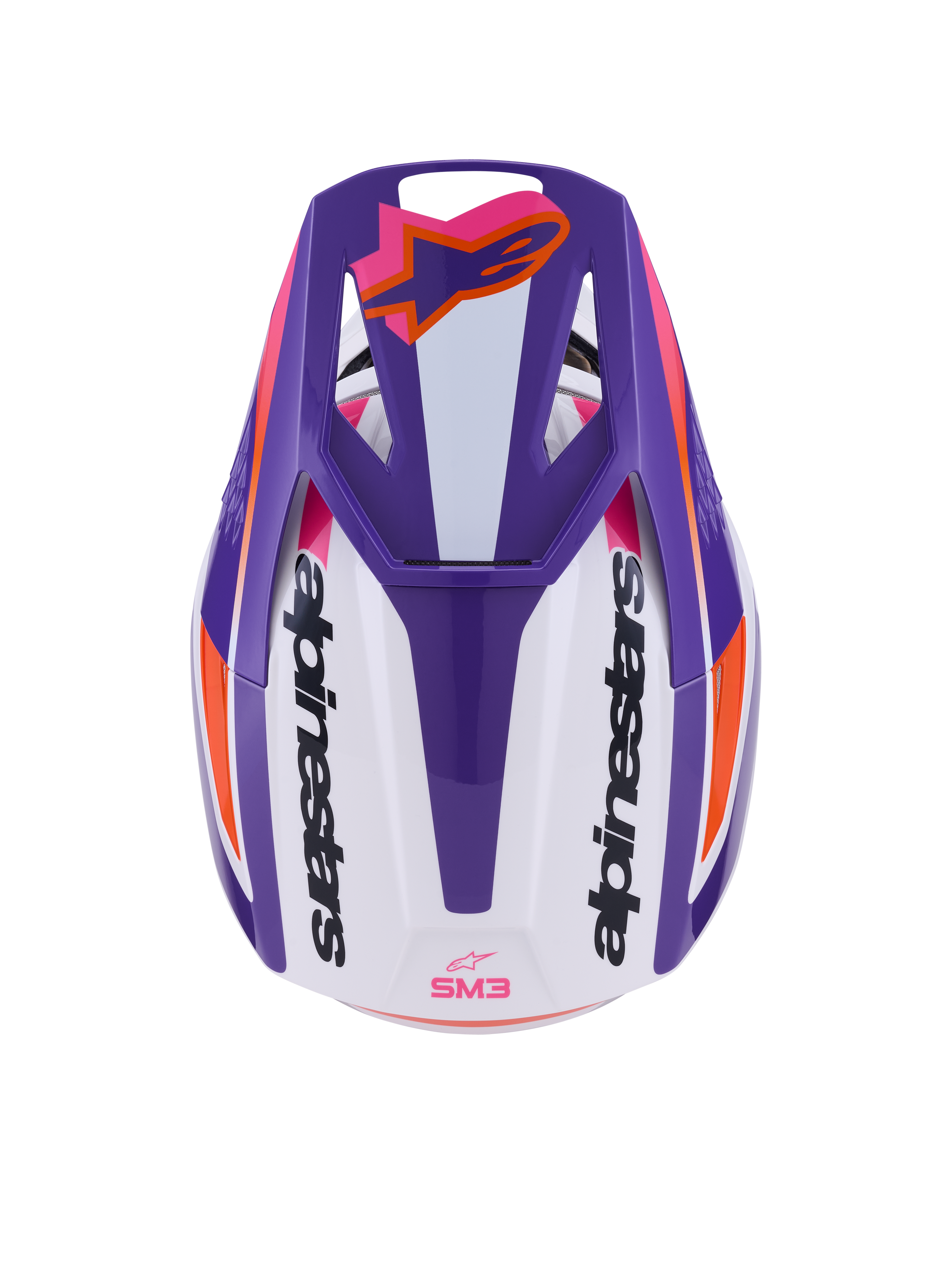 Casco Alpinestars S-M3 Heat ECE 22.06, casco da motocross, bianco, viola e rosa lucido, vista dall'alto che mostra il frontino ventilato con logo Astars arancione e branding laterale, finitura lucida con grafiche vivaci