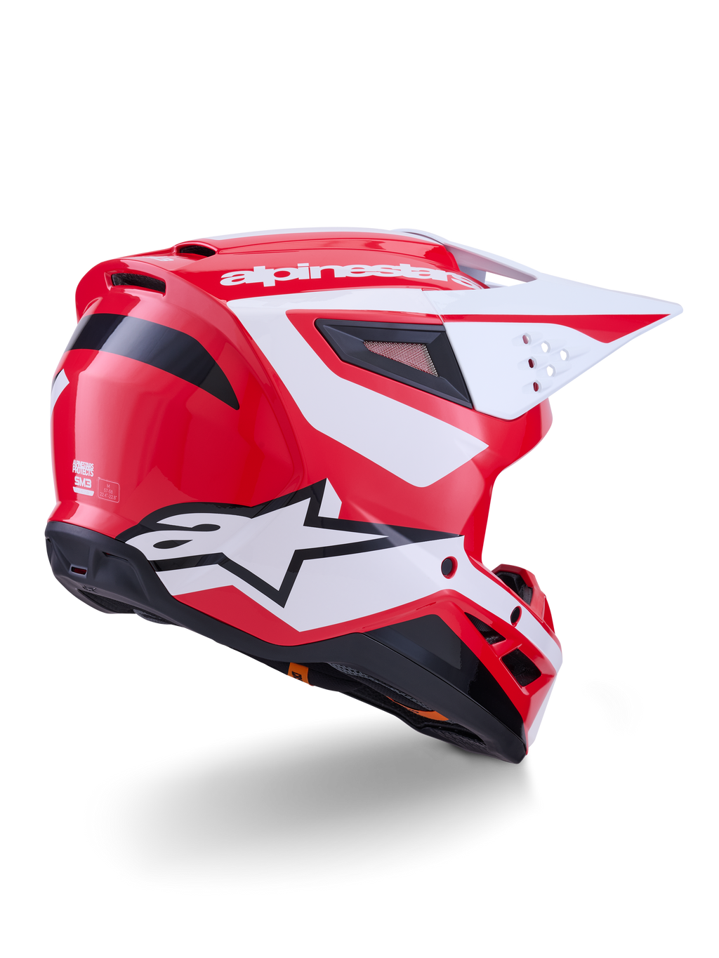 Casco Alpinestars S-M3 Heat da motocross, rosso, bianco e nero lucido, certificato ECE 22.06, vista posteriore di tre quarti.