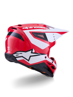 Casco Alpinestars S-M3 Heat da motocross, rosso, bianco e nero lucido, certificato ECE 22.06, vista posteriore di tre quarti.