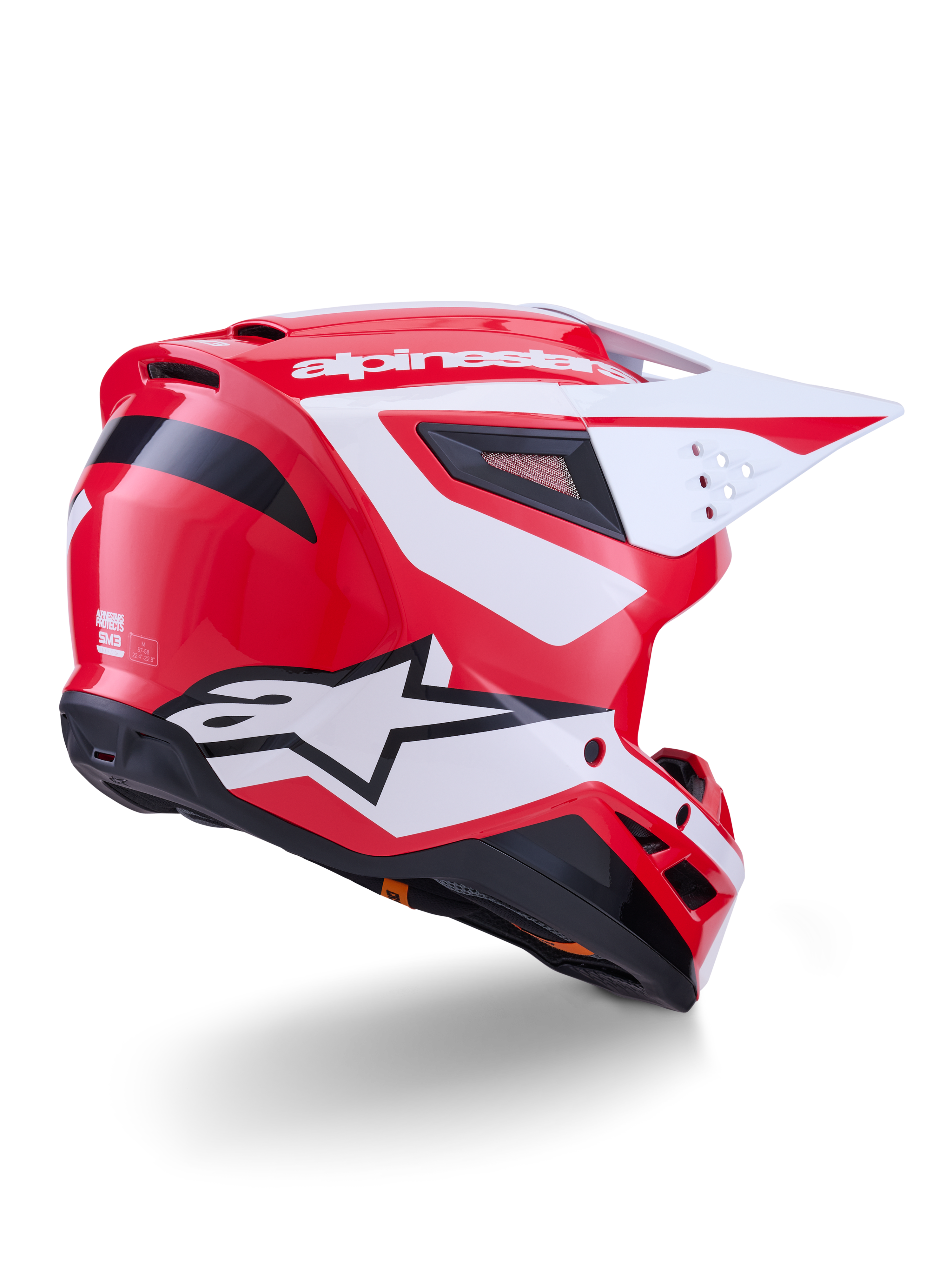 Casco Alpinestars S-M3 Heat da motocross, rosso, bianco e nero lucido, certificato ECE 22.06, vista posteriore di tre quarti.