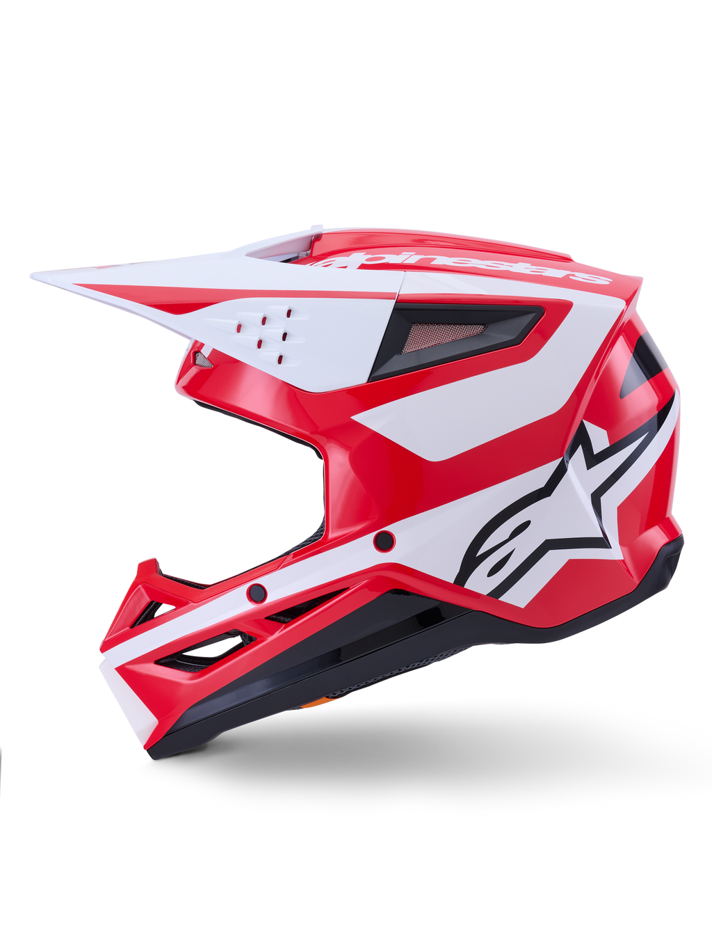 Casco Alpinestars S-M3 Heat, casco da motocross rosso e bianco lucido, certificato ECE, vista laterale.