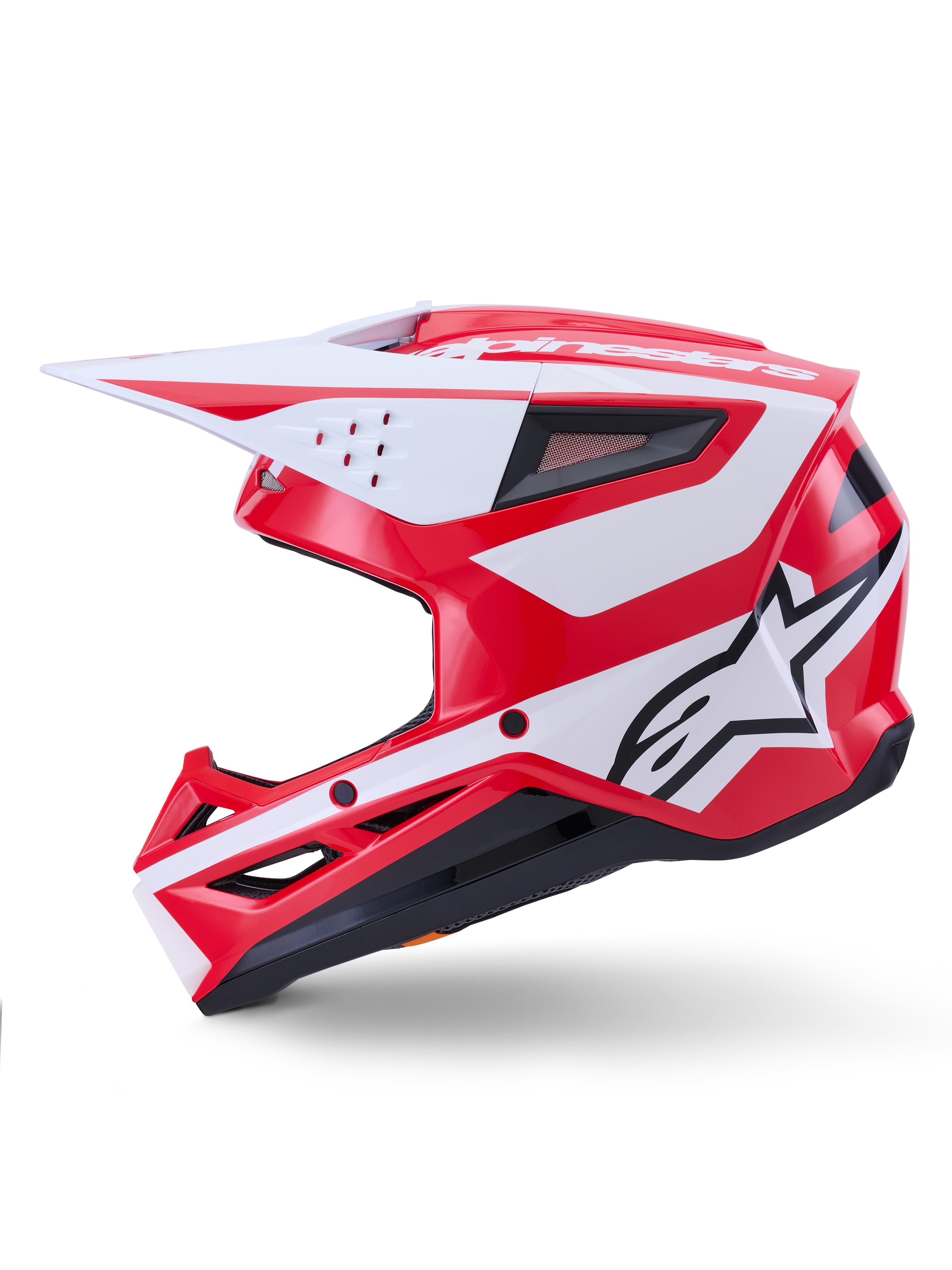 Casco Alpinestars S-M3 Heat, casco da motocross rosso e bianco lucido, certificato ECE, vista laterale.