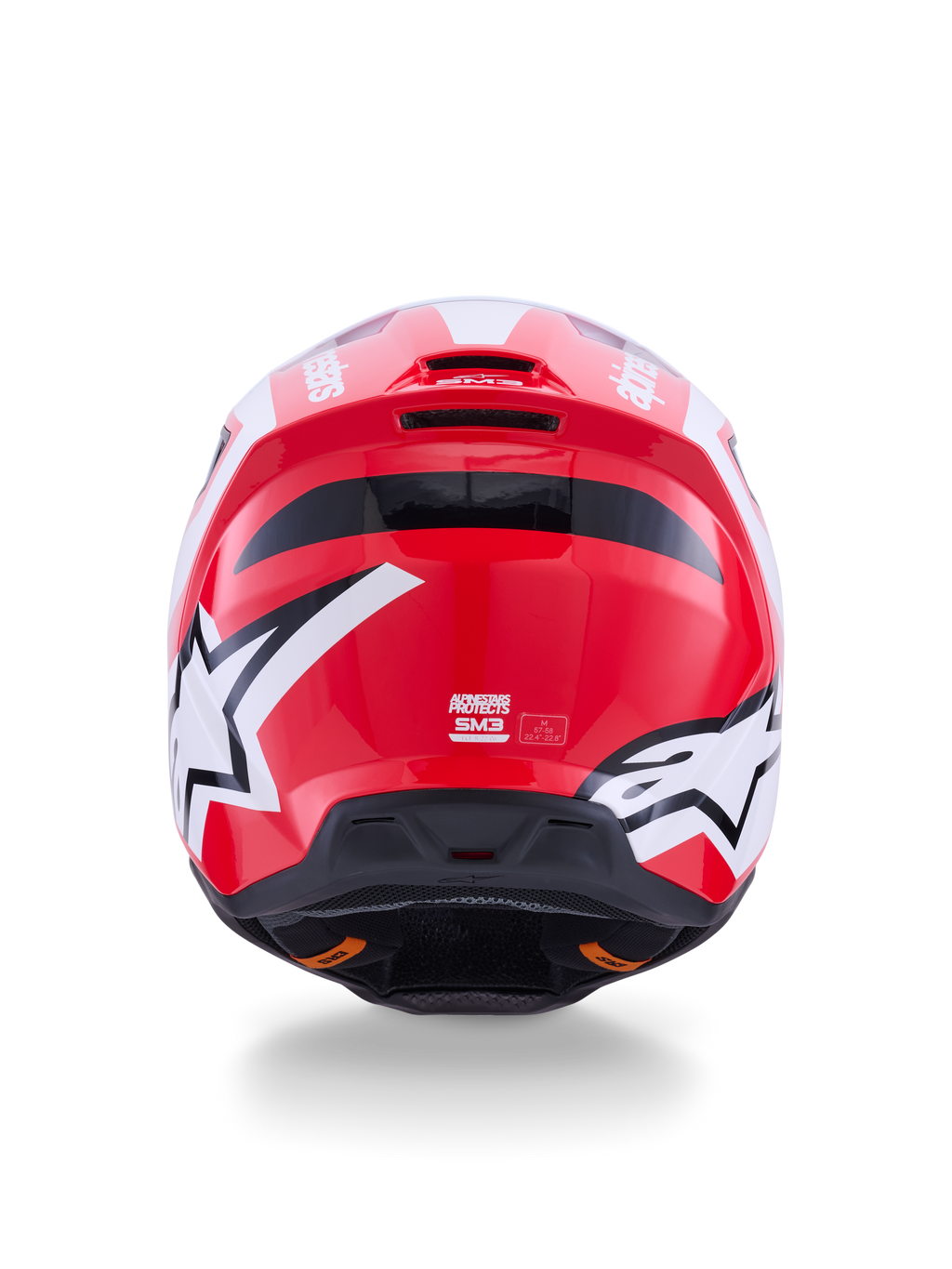 Alpinestars S-M3 Heat, casco da motocross rosso e bianco, vista posteriore con loghi a stella e estrattori d'aria integrati.