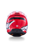 Alpinestars S-M3 Heat, casco da motocross rosso e bianco, vista posteriore con loghi a stella e estrattori d'aria integrati.