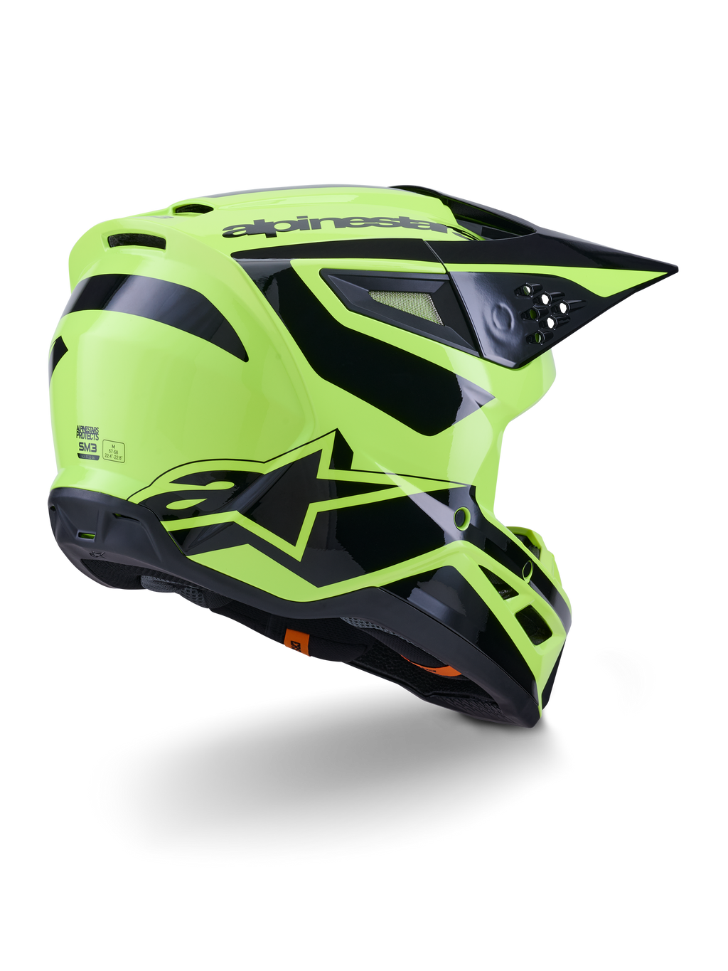 Casco Alpinestars S-M3 Heat, casco da motocross, giallo fluo e nero lucido, vista posteriore di tre quarti caratterizzata da una calotta aerodinamica con prese d'aria integrate e logo Alpinestars nero, finitura lucida per prestazioni off-road
