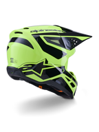 Casco Alpinestars S-M3 Heat, casco da motocross, giallo fluo e nero lucido, vista posteriore di tre quarti caratterizzata da una calotta aerodinamica con prese d'aria integrate e logo Alpinestars nero, finitura lucida per prestazioni off-road